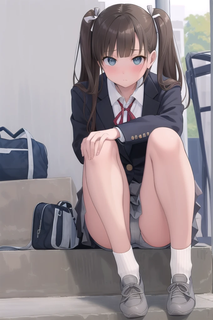 masterpiece, highest quality, Absurd, Perfect Anatomy, Beautiful background, Beautiful Face, Beautiful Eyes, Beautiful body, girl,from the front、Portraiture、 Twin tails、ribbon、Brown Hair,blush、High School Girl Blazer、Sitting on the steps of the station、Grey tight skirt、mini skirt、Lace panties、loose socks、sneakers