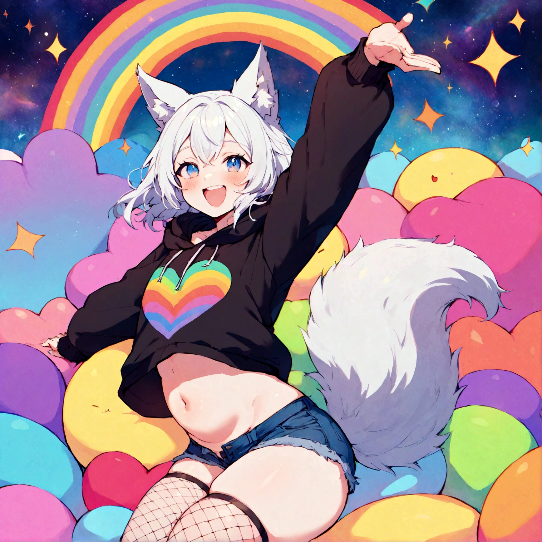 a cute adult male with wolf ears, white hair, has a wolf tail, wearing a loose cropped oversized black hoodie, wearing a pair of denim short shorts and thigh high fishnet stockings, thick thighs, wide hips, relaxing on mound of fluffy multi colored kawaii plushies, short, very slim, showing slender tummy, stretching out, heart on hoodie, squishy thighs, has glowing blue eyes. alone, solo (ALONE)(SOLO), surrounded by rainbows, colorful galaxy backround, mouth wide open grin, very happy, excited, nice butt