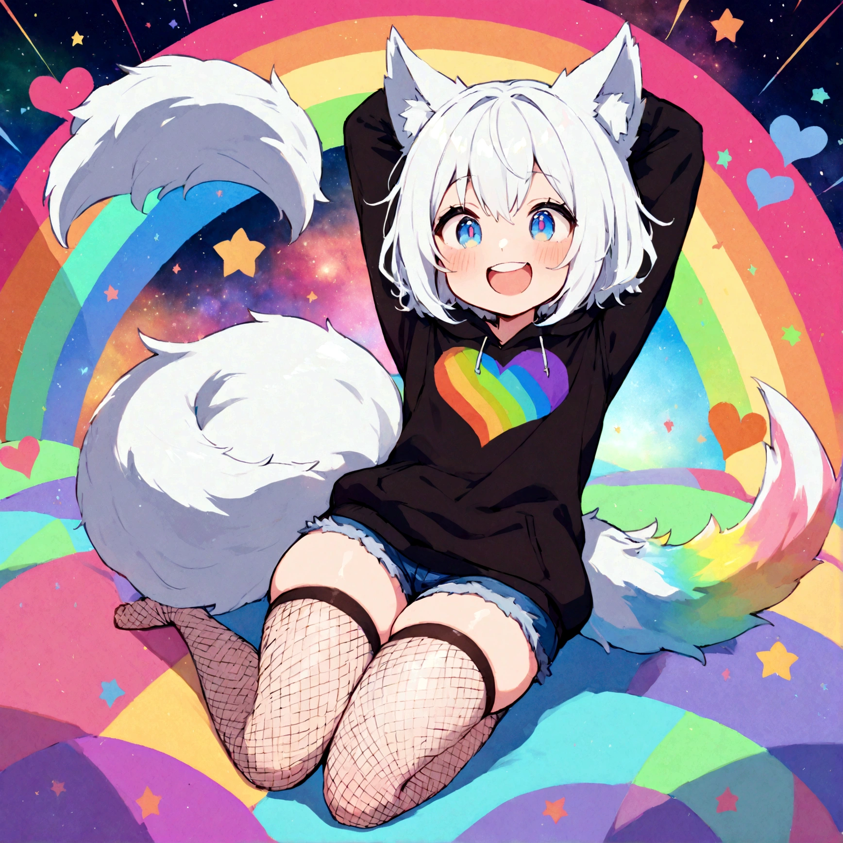 a cute adult male with wolf ears, white hair, has a wolf tail, wearing a loose cropped oversized black hoodie, wearing a pair of denim short shorts and thigh high fishnet stockings, thick thighs, wide hips, relaxing on mound of fluffy multi colored kawaii plushies, short, very slim, showing slender tummy, stretching out, heart on hoodie, squishy thighs, has glowing blue eyes. alone, solo (ALONE)(SOLO), surrounded by rainbows, colorful galaxy backround, mouth wide open grin, very happy, excited, nice butt