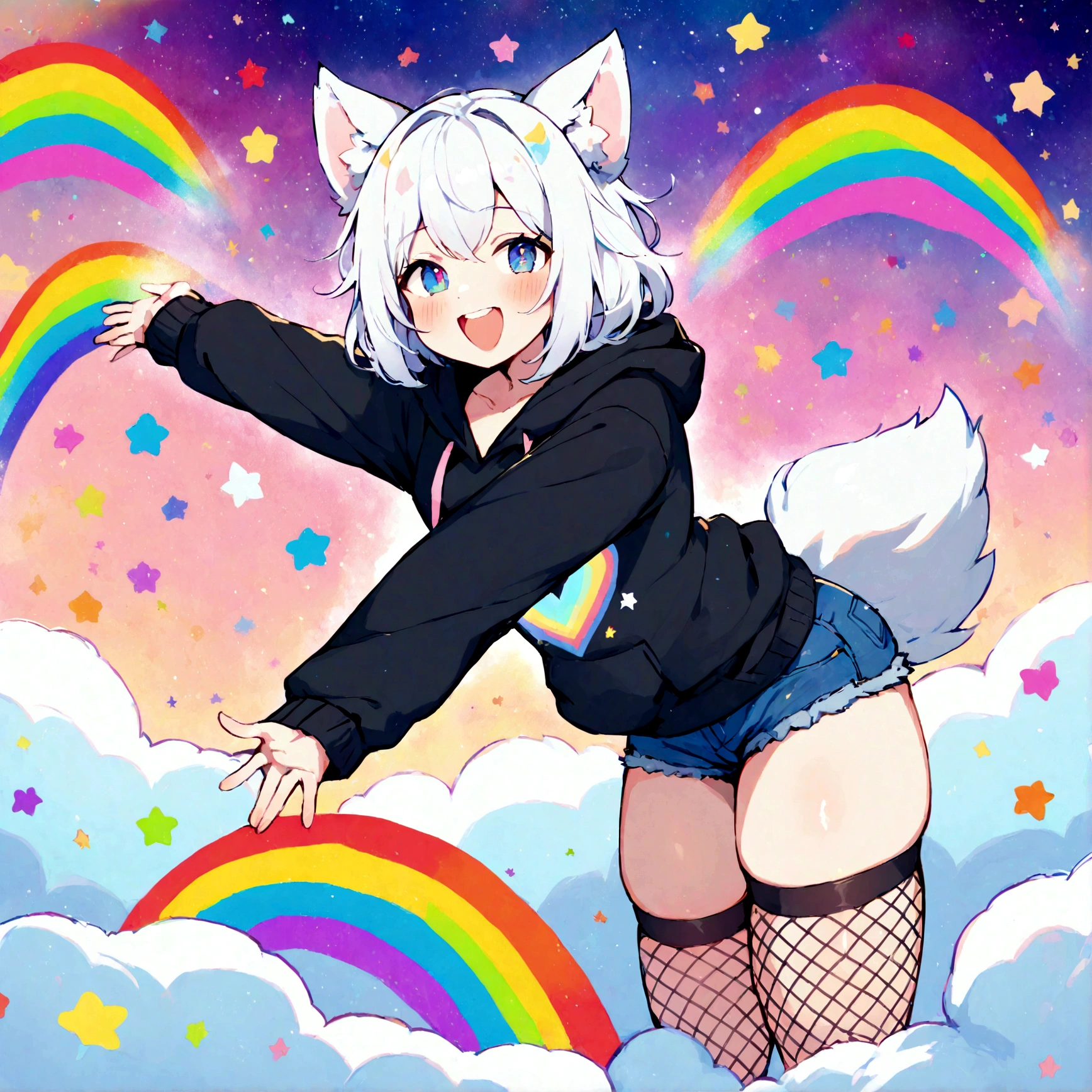a cute adult male with wolf ears, white hair, has a wolf tail, wearing a loose cropped oversized black hoodie, wearing a pair of denim short shorts and thigh high fishnet stockings, thick thighs, wide hips, relaxing on mound of fluffy multi colored kawaii plushies, short, very slim, showing slender tummy, stretching out, heart on hoodie, squishy thighs, has glowing blue eyes. alone, solo (ALONE)(SOLO), surrounded by rainbows, colorful galaxy backround, mouth wide open grin, very happy, excited, nice butt