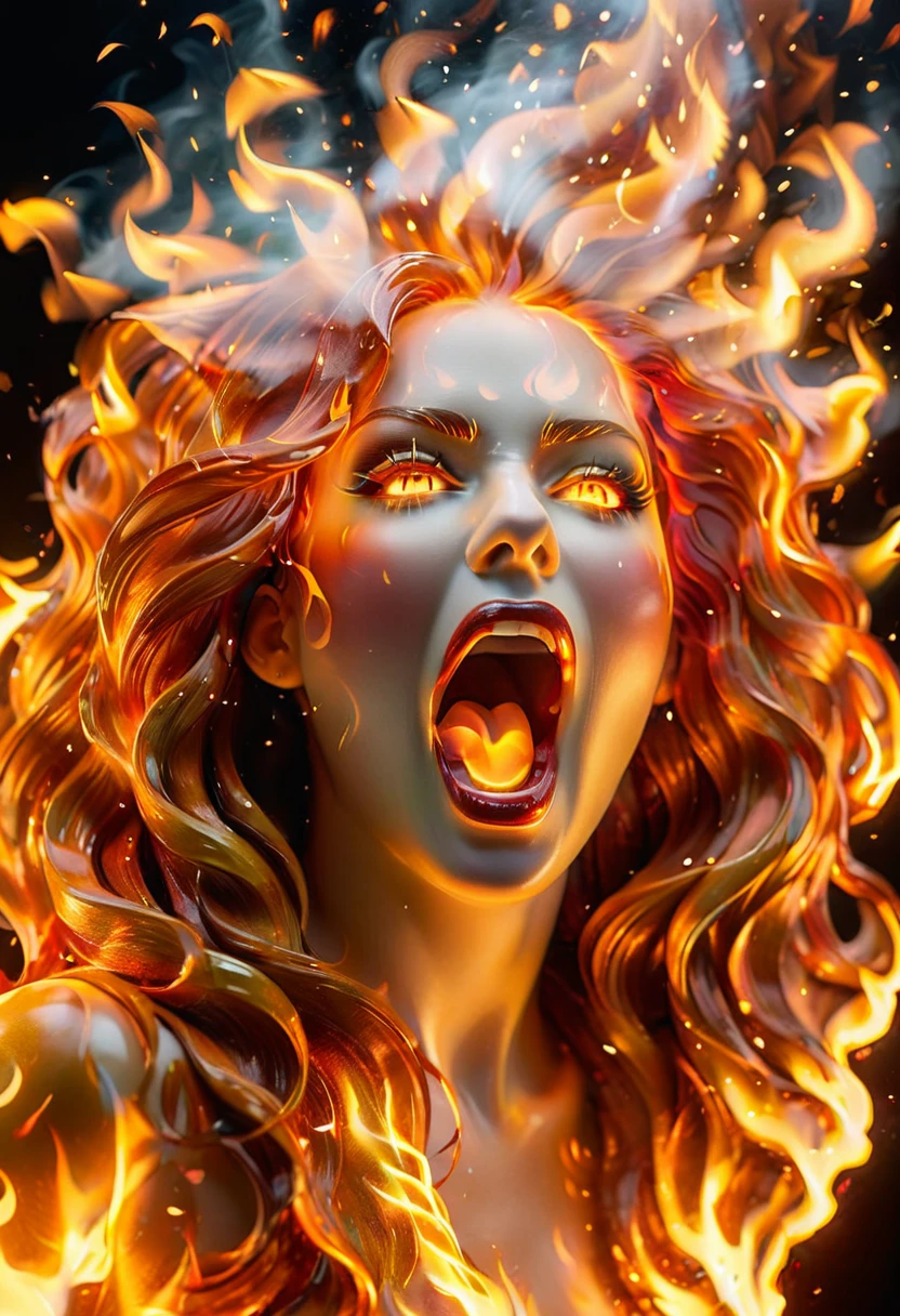 Sublime screaming woman dressed in flames down to her feet, cheveux très longs couleur de feu, elle marche vers moi, very detailed intense eyes, highly detailed hair, highly detailed flames, angry eyes ((best quality, extremely detailed:1.8, hyperRéaliste:1.5, photorealistic:1.5, Prise de vue en direct, photo corps entier, ventre visible, jambe visible ))