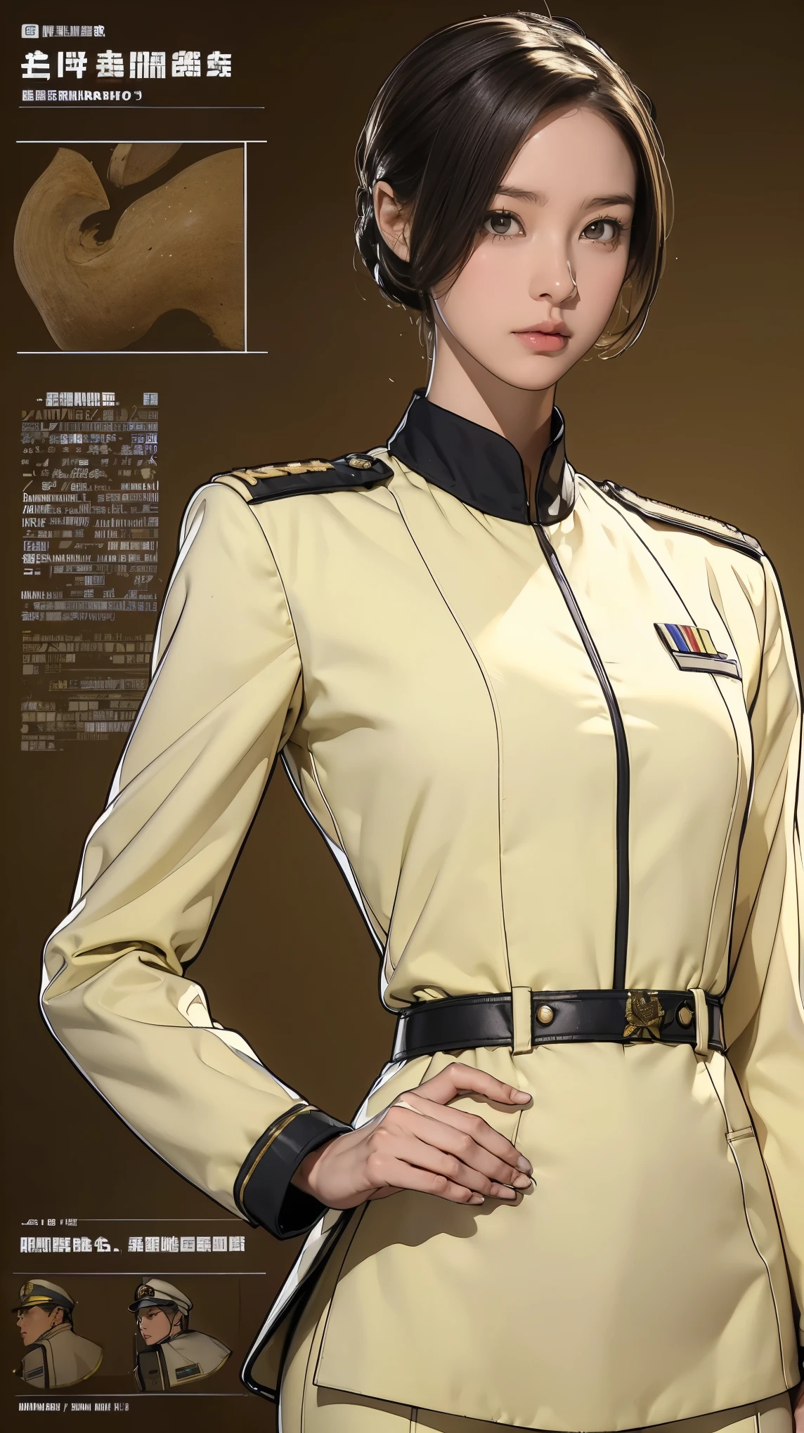((masterpiece)),(((highest quality))),((Reference Sheet, Character Design, front, return, ~ ~ side, Mr..々Hairstyle, Mr..々Performance, Facial Expressions)), 14-year-old girl, Cute type, (Very slim:1.4), (Very small ass:1.4), Realistic buttocks, (Medium bust:1.4), Short Bob, Thin thighs, Long legs, It's not a big deal,(A female Earth Federation officer is walking), (Wearing Earth Federation military uniform, White and light yellow military uniform),(Worn by federal government employees'White Hat:1.5)