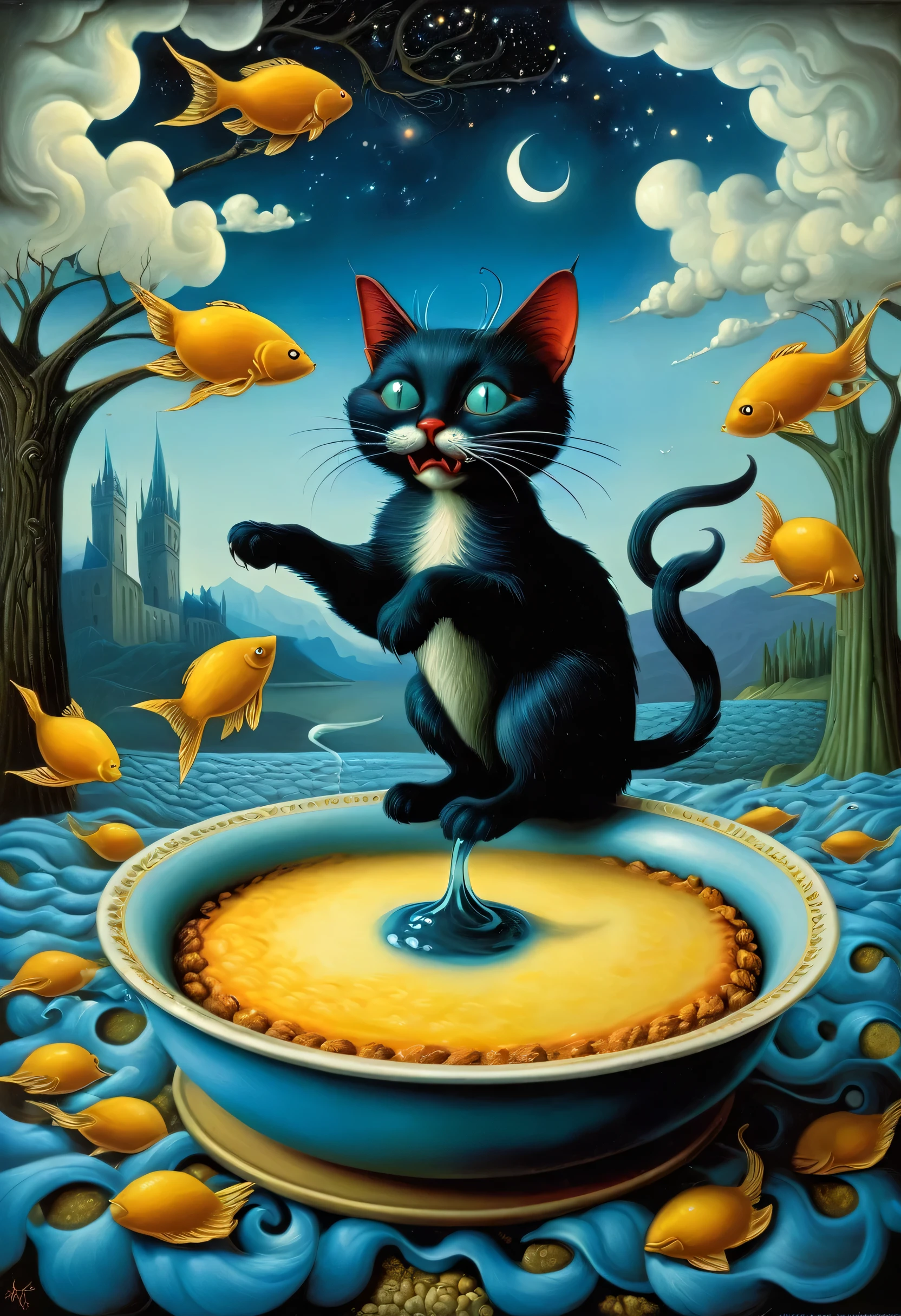 Hungry cat pounces on food、A wicked gaze、benjamin lacombe, magical surrealism, Unrealistic picture, Whimsical Surrealism, Jacek Jelka、Vladimir Kush, Surreal oil painting, Surrealist artwork, Surreal Art, magical realism、Strange art, Surreal oil painting,  Brian DeSpain, Surrealist illustration, (surrealism dark art:1.2), surrealismo pop lowbrow art style, Arte Lowbrow, Masterpiece、Starry Night、