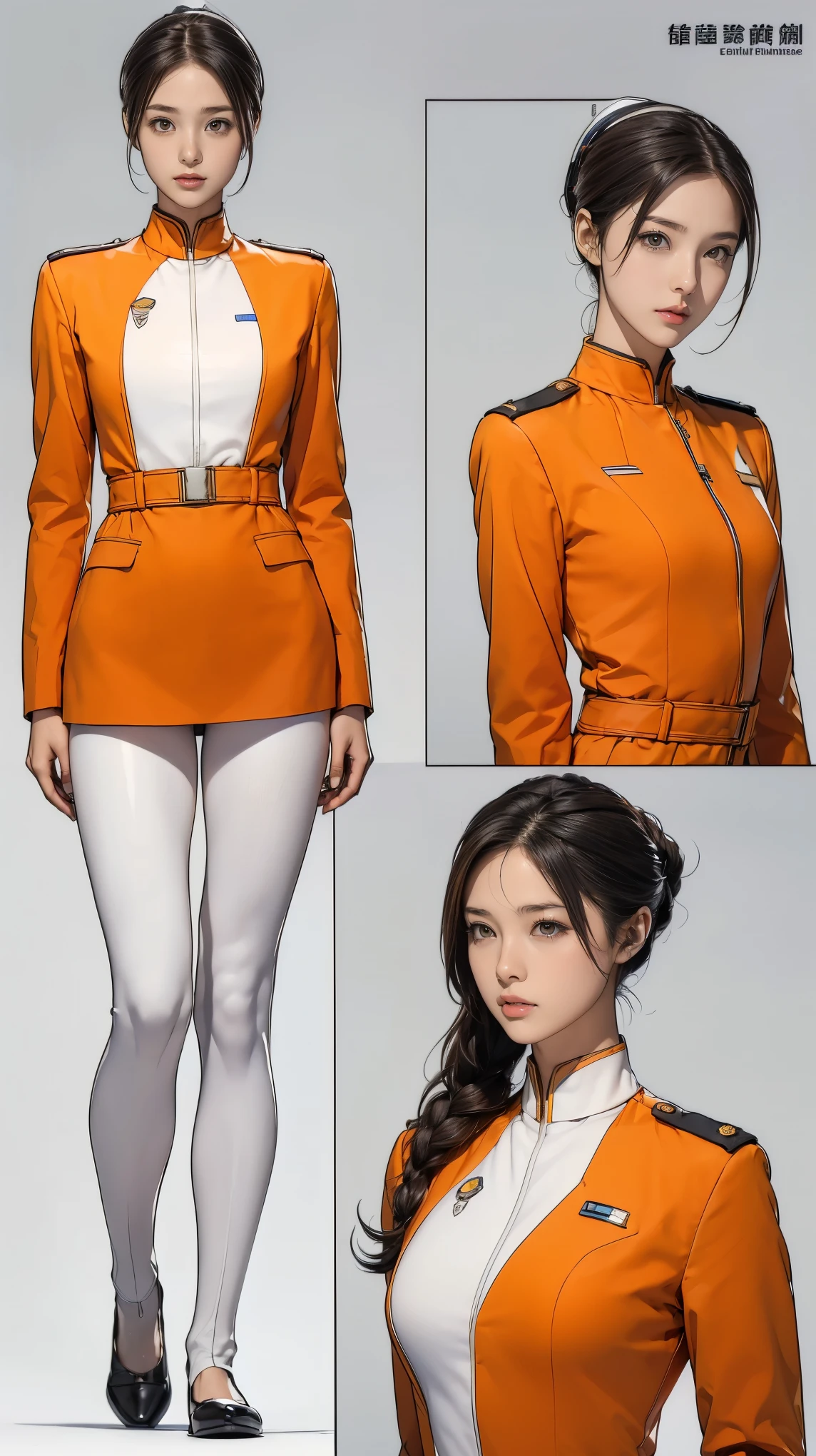 ((masterpiece)),(((highest quality))),((Reference Sheet, Character Design, front, return, ~ ~ side, Mr..々Hairstyle, Mr..々Performance, Facial Expressions)), **-****-*** girl, Cute type, (Very slim:1.4), (Very small ass:1.4), Realistic buttocks, Big Breasts, Short Bob, Thin thighs, Long legs, It's not a big deal,(A female Earth Federation officer is walking), (Wearing Earth Federation military uniform, White and orange uniform),(Worn by federal government employees&#39;White Hat:1.5)