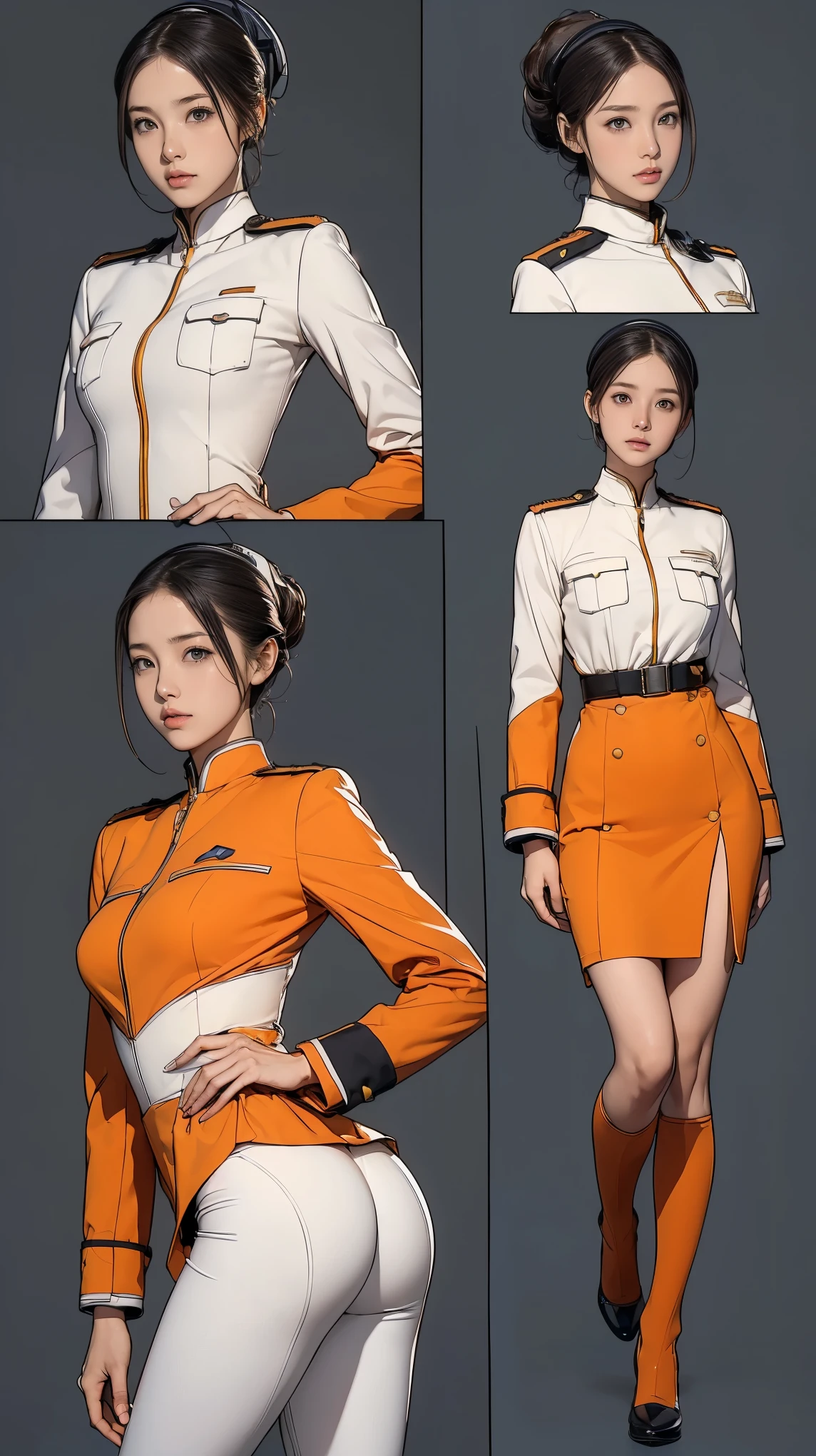 ((masterpiece)),(((highest quality))),((Reference Sheet, Character Design, front, return, ~ ~ side, Mr..々Hairstyle, Mr..々Performance, Facial Expressions)), 14-year-old girl, Cute type, (Very slim:1.4), (Very small ass:1.4), Realistic buttocks, Big Breasts, Short Bob, Thin thighs, Long legs, It's not a big deal,(A female Earth Federation officer is walking), (Wearing Earth Federation military uniform, White and orange uniform),(Worn by federal government employees&#39;White Hat:1.5)