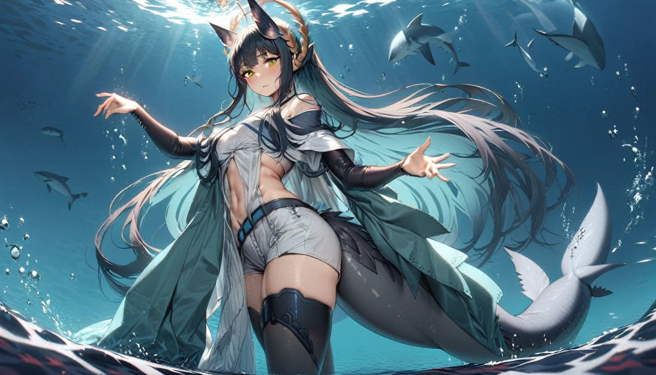 young girl, (((slim body))), ((slender body)), (((flat chest))), slim waist, (((deep sea))), (((darkness))), ((dark background)), (((underwater))), (((deep sea fish in the background))), ((anglerfish)), (sharks), (((bioluminescence))), (glowing white eyes), ((silver white eyes)), white hair, (((white-skinned))), ((shiny skin)), ((glowing speckles on skin)), (big eyes), (pointy ears), deep sea monster, fins, spikes