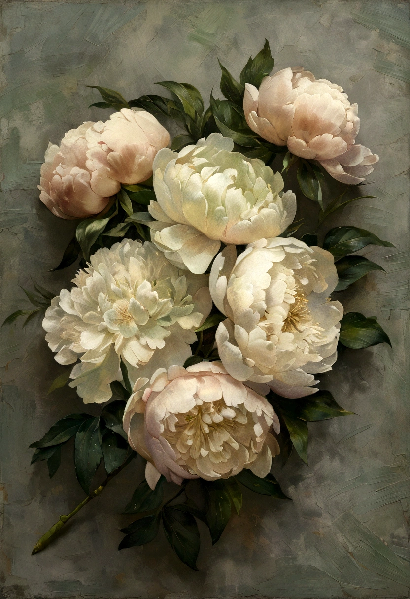 A stunning vintage oil painting reminiscent of impressionist masters. It features a delicate and lifelike arrangement of peonies in soft, muted colors and shades of green, resting on a grey background. The painting captures the beauty of the peonies with an antique look, as if it has been preserved for generations. The canvas texture is evident, adding to the impressionist style and evoking a sense of nostalgia and timeless elegance., painting