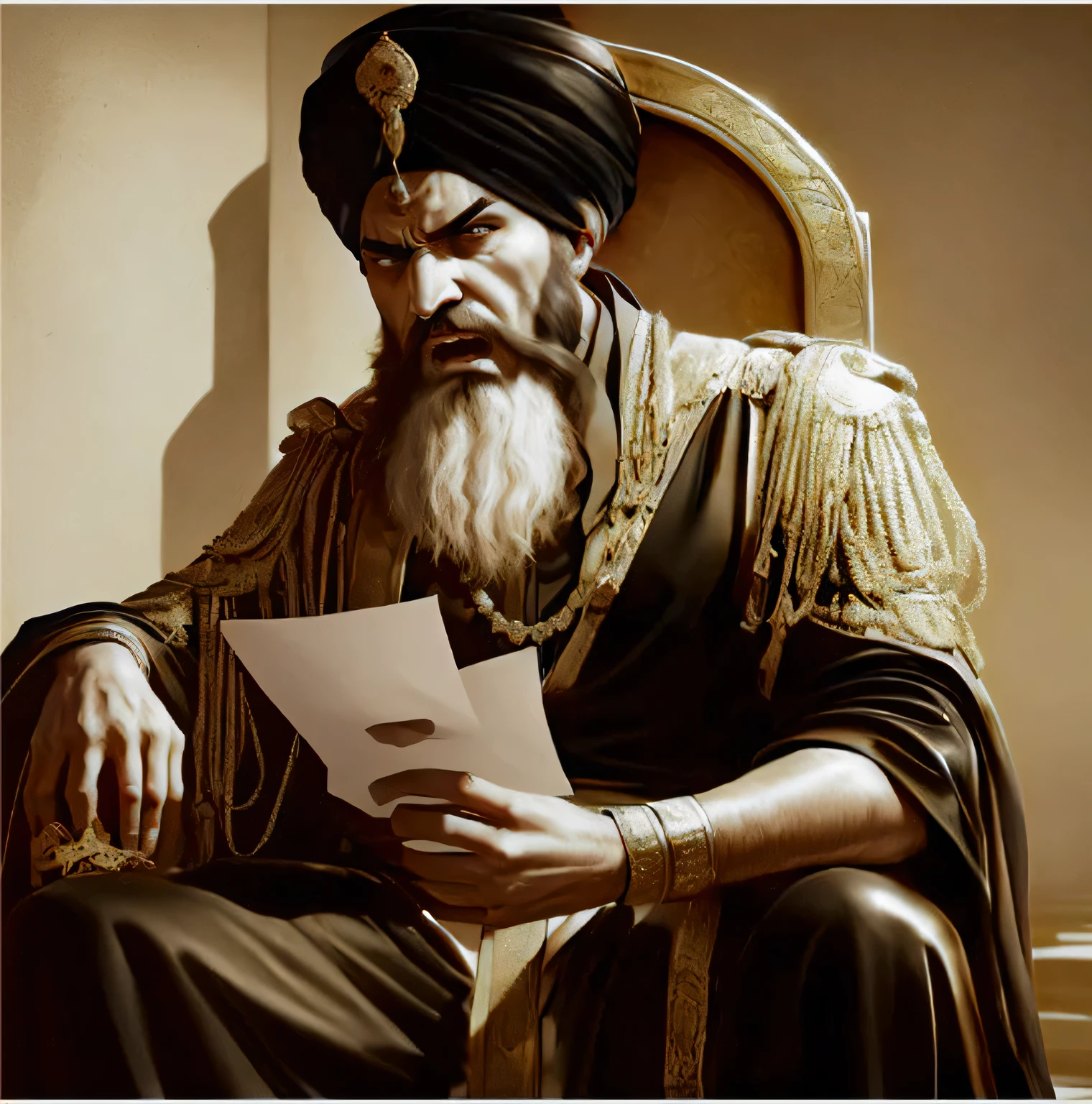 painting style, a Persian king sitting on his throne wearing a turban and looking angry and cursing his teeth out of anger and looking frustrated. he is holding a letter his hand and tearing it away