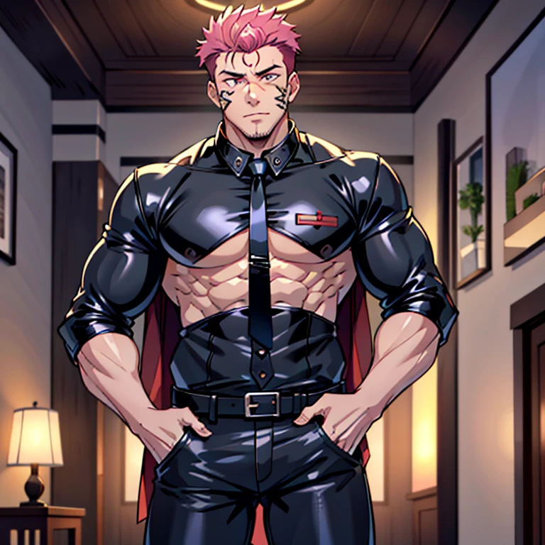 (masterpiece, best quality: 1.2), Solo, nsfw, male focus, 1boy, sukuna, tattoo_On_his_face, male, full bodyesbian, Red Leather jacket, Black Leather shirt, Leather pants, red Leather waistcoat, red Leather tie, Leather Gloves, Bulging muscles, A pink-haired, cow boy shot, 8K, super detailing, hands on penis, large erect penis over 10 inches length and 3 inches width, tight leather suit, inside the house,