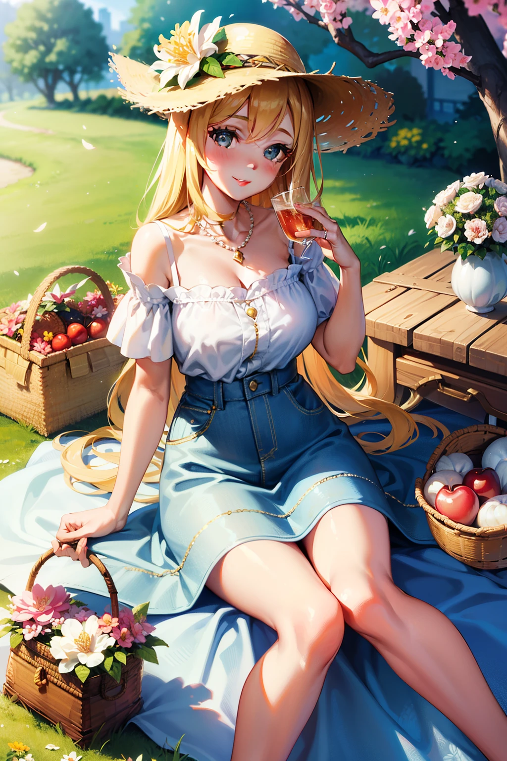 Stunning, masterpiece, one girl, graceful, elegance personified, casual attire, denim skirt, floral blouse, delicate pearl necklace, sun-kissed hair, golden glimmer, dreamy eyes, sweet smile, idyllic setting, blooming garden, cherry blossom tree, picnic basket, vintage checkered blanket, straw hat, sipping iced tea, captivating serenity