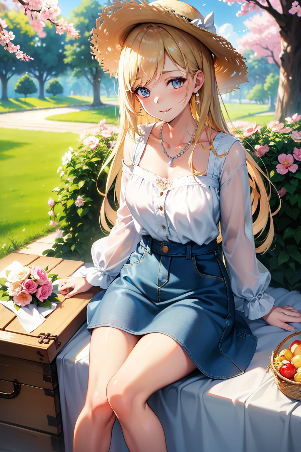 Stunning, masterpiece, one girl, graceful, elegance personified, casual attire, denim skirt, floral blouse, delicate pearl necklace, sun-kissed hair, golden glimmer, dreamy eyes, sweet smile, idyllic setting, blooming garden, cherry blossom tree, picnic basket, vintage checkered blanket, straw hat, sipping iced tea, captivating serenity
