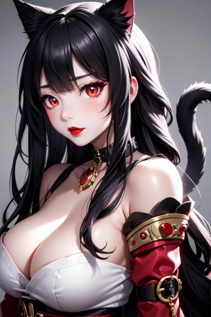 Detailed facial details，1 girl、Cat ear，Black long hair,Red lips，Large Breasts，General，Charming red eyes, Shy expression，Slim，Handcuffs，Collar，Radiant Skin，Facial details are very detailed, Stretch your body，bedroom