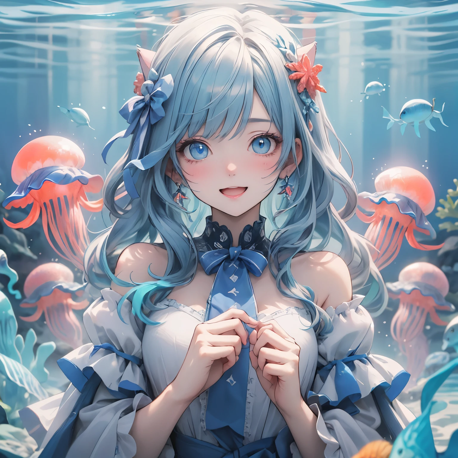 (masterpiece), highest quality, Ultra-high resolution,A cat wearing a pale blue ribbon、Light blue and pink hair、pale blue eyes、Light blue clothes、Laugh in surprise、jellyfish、ocean、Aquarium、Otohime、Coral Reef