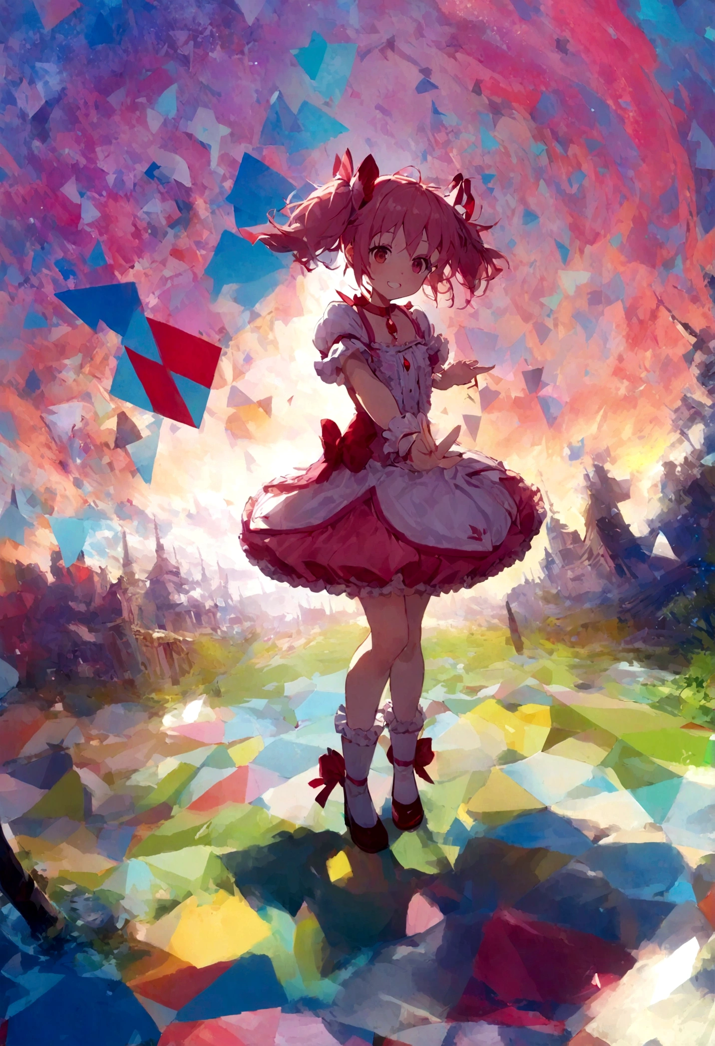 kaname_madoka\(Puella Magi Madoka Magica,,magical_girl costume,pink short twin tails,bows,open shoulder dress with frill,backward ribbon at neck,white grove,red jewel at middle of clavicle\) is standing with confused face lost her way, showing full body to viewer, BREAK ,colorful and geometric and chaotic background of messy chaotic gothic shadow puppet castles,(in a very psychedelic nightmare), BREAK ,quality\(8k,wallpaper of extremely detailed CG unit, ​masterpiece,hight resolution,top-quality,top-quality real texture skin,hyper realisitic,increase the resolution,RAW photos,best qualtiy,highly detailed,the wallpaper,cinematic lighting,ray trace,golden ratio\),(long shot),wide shot,landscape,blured background,(art by Maurits Escher:1.3)