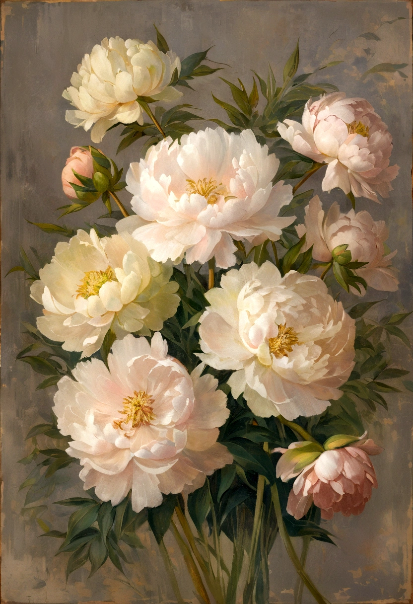 A captivating vintage oil painting that showcases an exquisite arrangement of peonies in soft, muted colors and greens. The flowers are beautifully depicted in an Impressionist style, with delicate brushstrokes and a subtle, almost dreamy atmosphere. The background is a subtle grey tone, providing a perfect backdrop for the vibrant flowers. The painting has an antique look and feels like it could be a cherished artwork from a bygone era, with its canvas texture and vintage charm., painting
