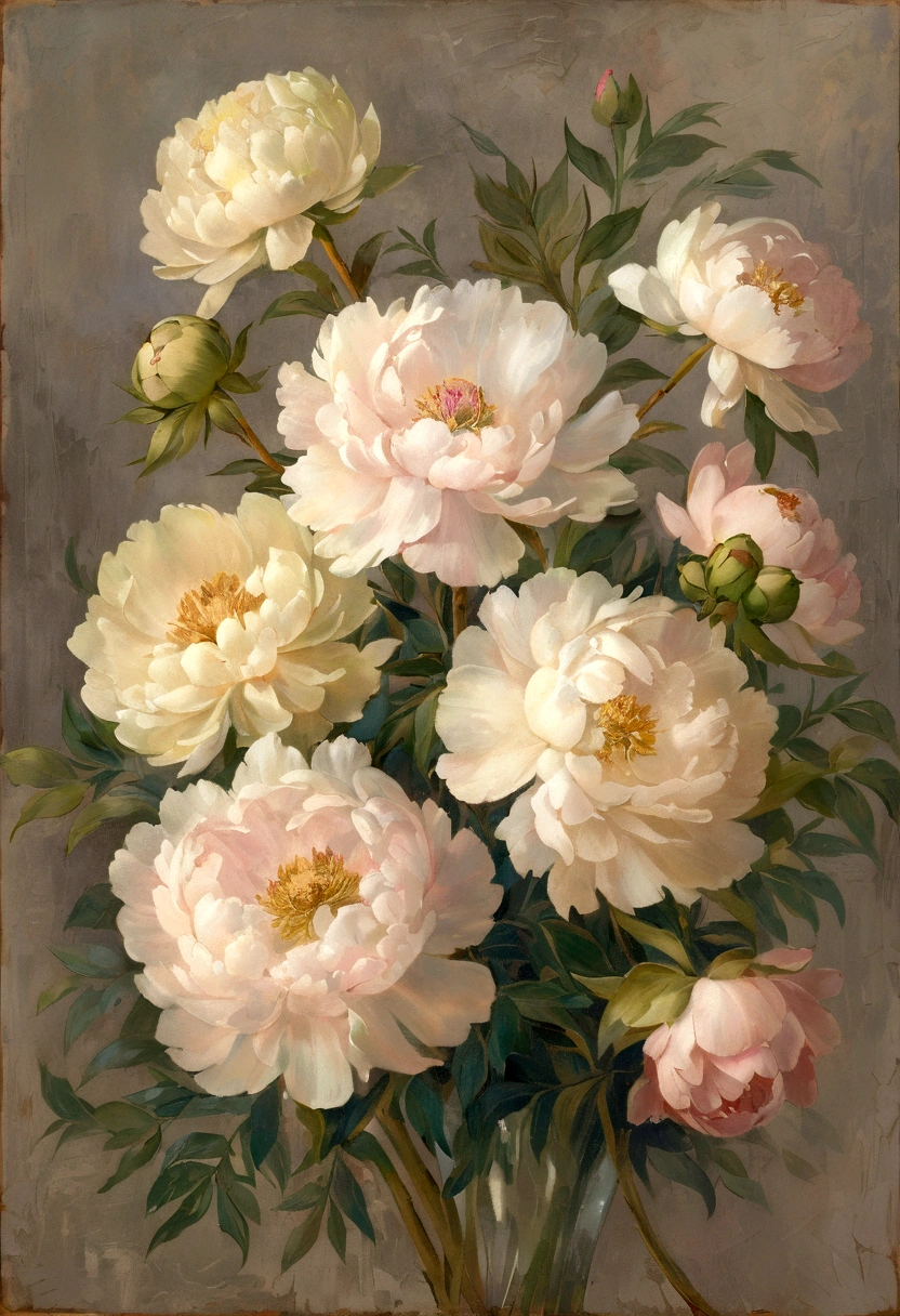 A captivating vintage oil painting that showcases an exquisite arrangement of peonies in soft, muted colors and greens. The flowers are beautifully depicted in an Impressionist style, with delicate brushstrokes and a subtle, almost dreamy atmosphere. The background is a subtle grey tone, providing a perfect backdrop for the vibrant flowers. The painting has an antique look and feels like it could be a cherished artwork from a bygone era, with its canvas texture and vintage charm., painting
