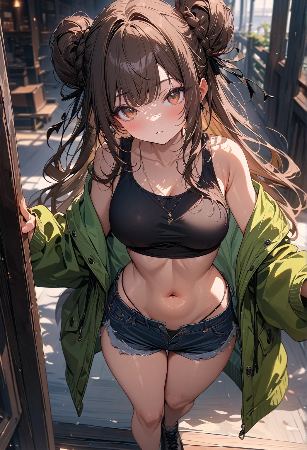 (best quality, top details, high quality, detailed, highest quality, newest, highres, ultra fine painting, masterpiece:1.2), digital art, 4k, 8k resolution, 8K CG wallpaper, CG, detailed background, blurry background high resolution, epic lighting, RAW photo, POV, sharp focus, professional photography, good lighting, soft light, soft colors, looking at viewer, detailed lights and shadows, stylish, ultra, ultra-detailed, trending art, niji style, modern-days, master crafted, pose, (top quality, details:1.37), solo, 1girl, a girl, (medium ???????????:1.2), tight bust, big thighs, short torso, flushtered, casual, innocent face, cute, slim), nice ????, nice body, brown hair, long flowing hair, twin buns hairstyle, long bangs, long hair, middle hair bangs, brown eyes, full body, ((black string tanktop:1.2), tummy skin, off shoulder open green hoodie, shorts)