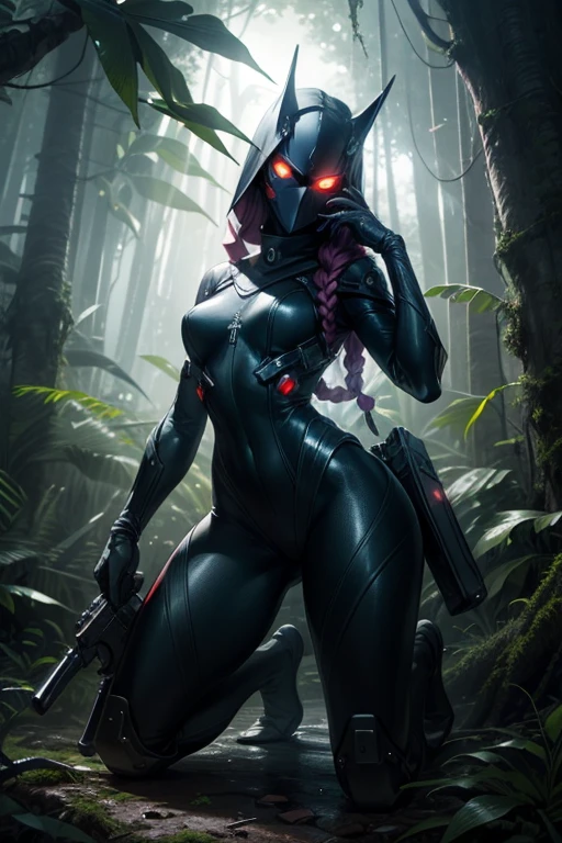 photograph , Smart, ((alone:1.3)), mask, Braiding, Glowing Eyes, Cover your face completely, Black bodysuit, gun, skin-tight face mask, stand on top of a tree, Kneeling beside a giant tree, Lush jungle, Dense forest, Rainforest, Dark atmosphere, at night, 