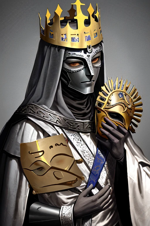 King Baldwin 1 of Jerusalem, with iron mask completely covering his face, The mask has lips and eyebrows simulating a face, the mask is smooth, sin corona, In the holes of his eyes you can only see his small eyes, fondo con una luz amarilla.
