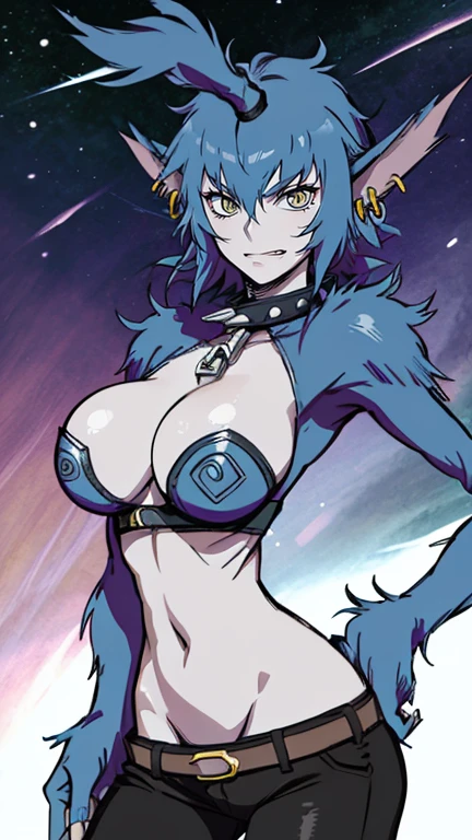 Wolfie, solo, cowboy shot, blue hair, smiling, black leather pants, spiral, breast, furry gloves, yellow eyes, ears, earrings, spike caller, school