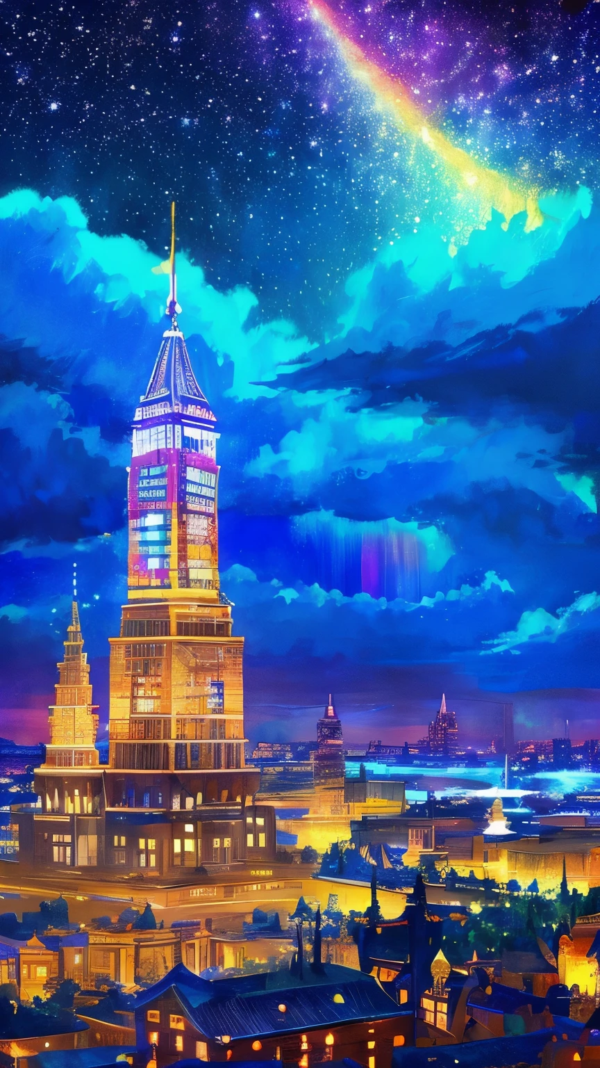 Colorful Metropolitan Museum of Art、Painting of a river with stars and moon in a rainbow sky、Met、輝くskyscraper、Shine overall、skyscraper、Concept art inspired by Tosa Mitsuoki、pixiv contest winners、highest quality、Fantasy art、Beautiful anime scene、Bright Moon、Moonlight Star Environment、Dream painting、Anime Background Art、Fantasy Landscape Painting、Fantasy Knight、Anime Background、Background artwork、Amazing art、Atmospheric anime、Starry Sky、details enhanced。