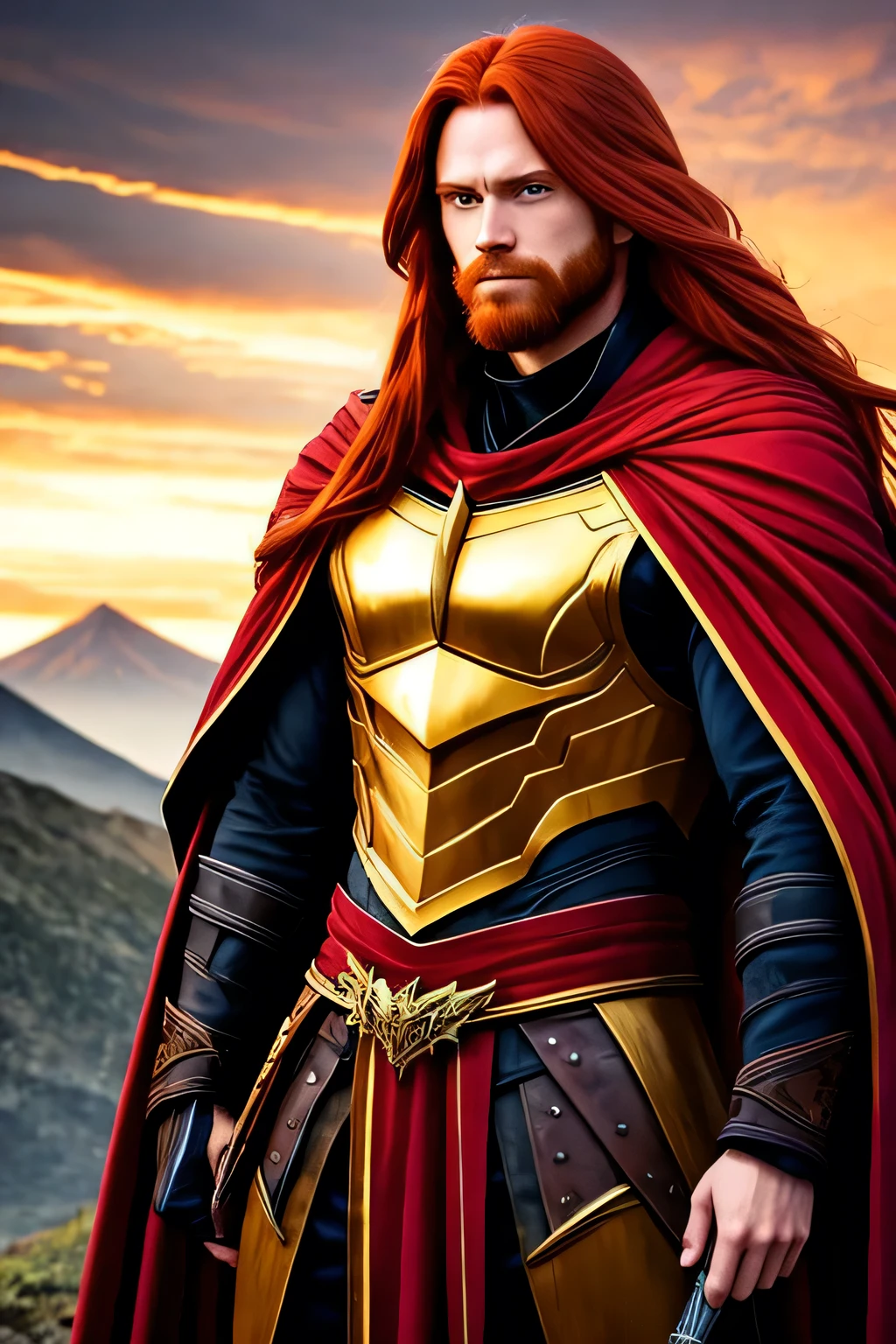 ((best quality)), ((masterpiece)), (detailed), perfect face, a adult man with long ((red hair)), ((redeyes)), wearinggolden armor with a cloak and hood, mountain behind, beautiful, muscular