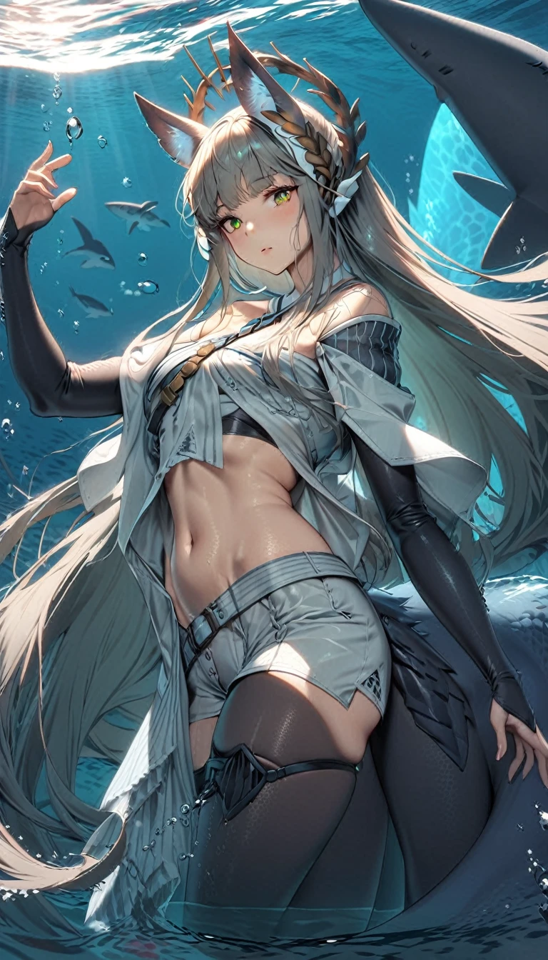 best quality,4k,8k, highres, masterpiece:1.2), ultra-detailed, extremely detailed eyes, extremely detailed body, the average Levianthar woman is a striking and formidable figure, standing tall at around 6 to 7 feet with a lean, muscular build that showcases her strength and agility. Her skin is smooth and slightly iridescent, with a bluish or grayish tint that shimmers under light, reflecting her aquatic heritage. She possesses long, flowing hair that ranges in color from deep seaweed green to midnight blue, often adorned with small, bioluminescent beads or shells. Her large, expressive eyes are adapted for both underwater and terrestrial vision, featuring hues of deep blue or emerald, green, and often possessing a subtle, ethereal glow. High cheekbones and slightly elongated ears add to her otherworldly beauty, while gill-like structures along her neck hint at her ability to thrive in the ocean depths. Her fingers and toes are slightly webbed, enhancing her swimming abilities, and a thick, powerful tail reminiscent of a shark's extends from her lower back, aiding in swift underwater movement. Her overall appearance exudes an aura of strength, grace, and mystery, embodying the unique blend of aquatic and humanoid features that define the Levianthar race, dynamic lighting, cinematic lighting, dramatic atmosphere,