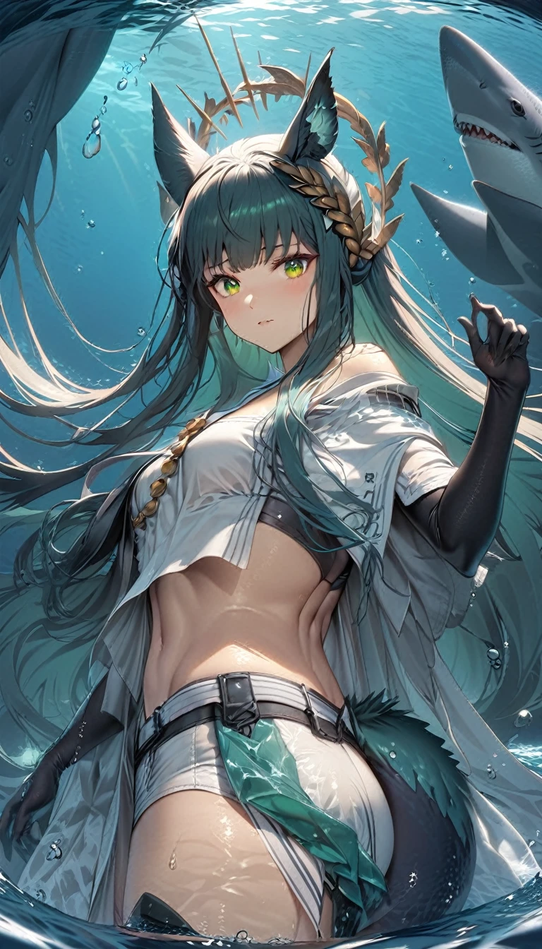 best quality,4k,8k, highres, masterpiece:1.2), ultra-detailed, extremely detailed eyes, extremely detailed body, the average Levianthar woman is a striking and formidable figure, standing tall at around 6 to 7 feet with a lean, muscular build that showcases her strength and agility. Her skin is smooth and slightly iridescent, with a bluish or grayish tint that shimmers under light, reflecting her aquatic heritage. She possesses long, flowing hair that ranges in color from deep seaweed green to midnight blue, often adorned with small, bioluminescent beads or shells. Her large, expressive eyes are adapted for both underwater and terrestrial vision, featuring hues of deep blue or emerald, green, and often possessing a subtle, ethereal glow. High cheekbones and slightly elongated ears add to her otherworldly beauty, while gill-like structures along her neck hint at her ability to thrive in the ocean depths. Her fingers and toes are slightly webbed, enhancing her swimming abilities, and a thick, powerful tail reminiscent of a shark's extends from her lower back, aiding in swift underwater movement. Her overall appearance exudes an aura of strength, grace, and mystery, embodying the unique blend of aquatic and humanoid features that define the Levianthar race, dynamic lighting, cinematic lighting, dramatic atmosphere,