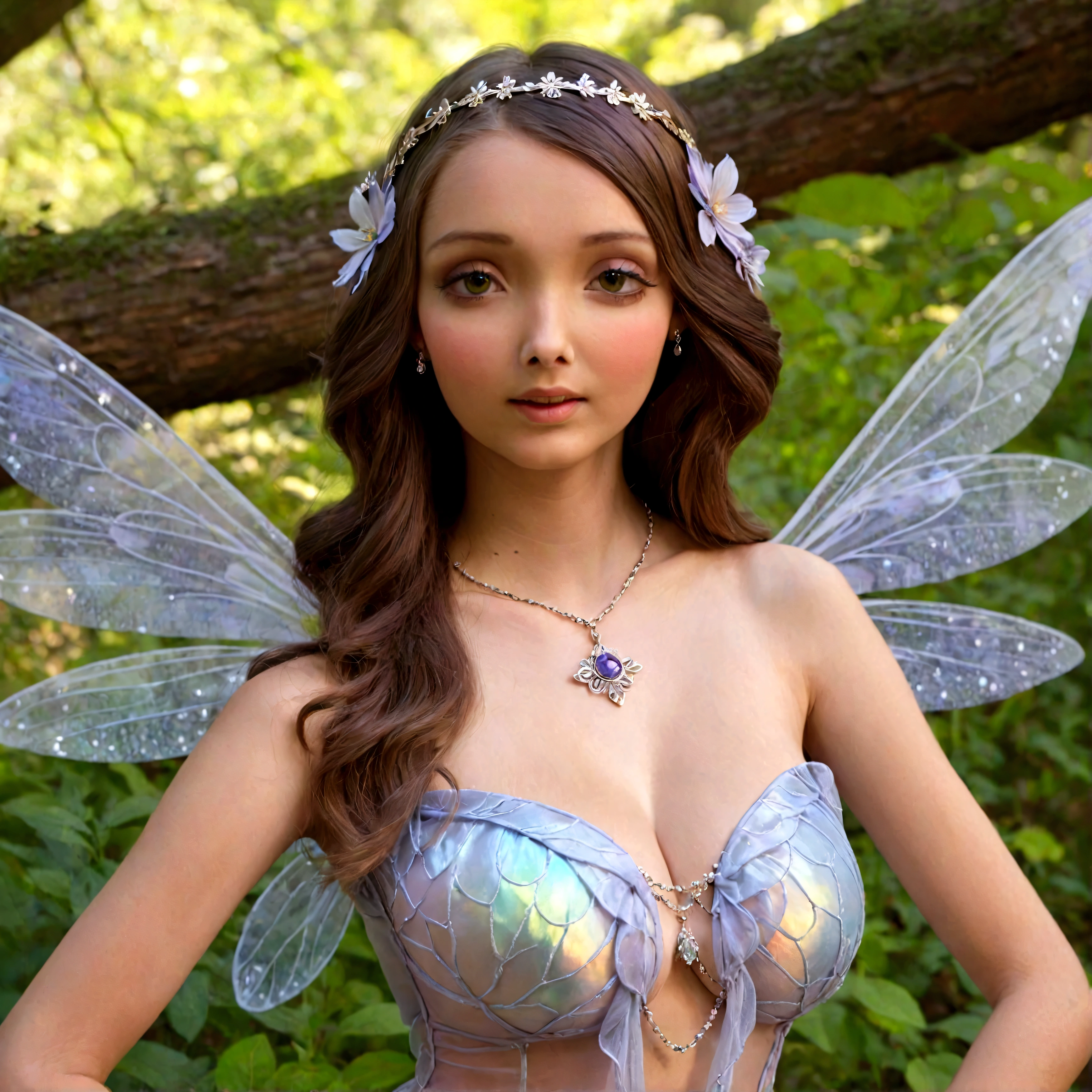 A lovely woman is portraying a fairy princess (chromatic wings, sheer dress, ornate flower themed jewelry), she is in a mythic glade, pure, innocent, sultry, mesmerizing