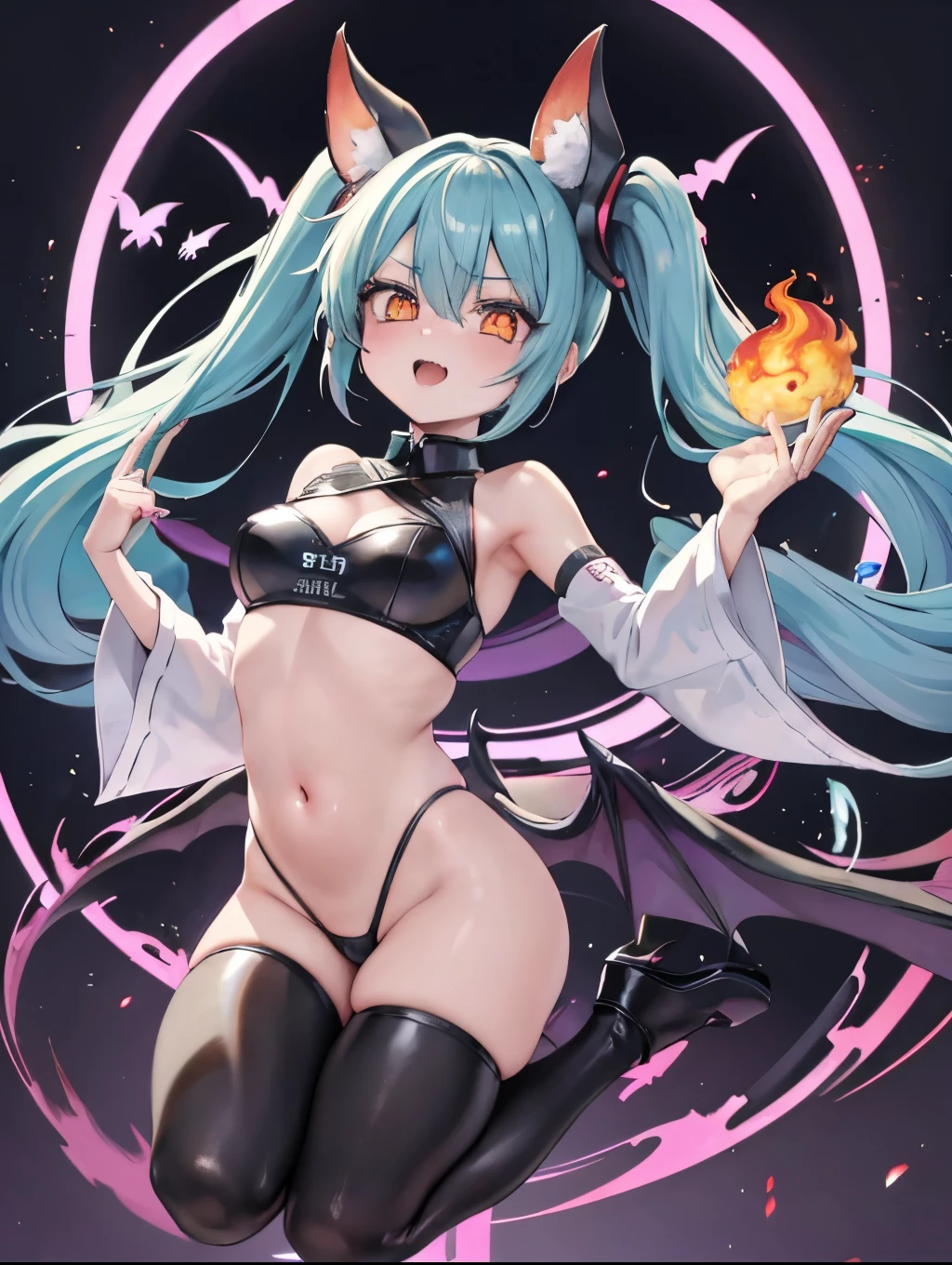 Miku Hatsune, alta definicion, orejas de kitsune, alta definicion, fullbody picture alta definicion, flaming eyes, evil eyes, devil girl, risa demoniaca, ojos de maldad, dragon wings, sucubo, shes atack de camera, sensual back pose,