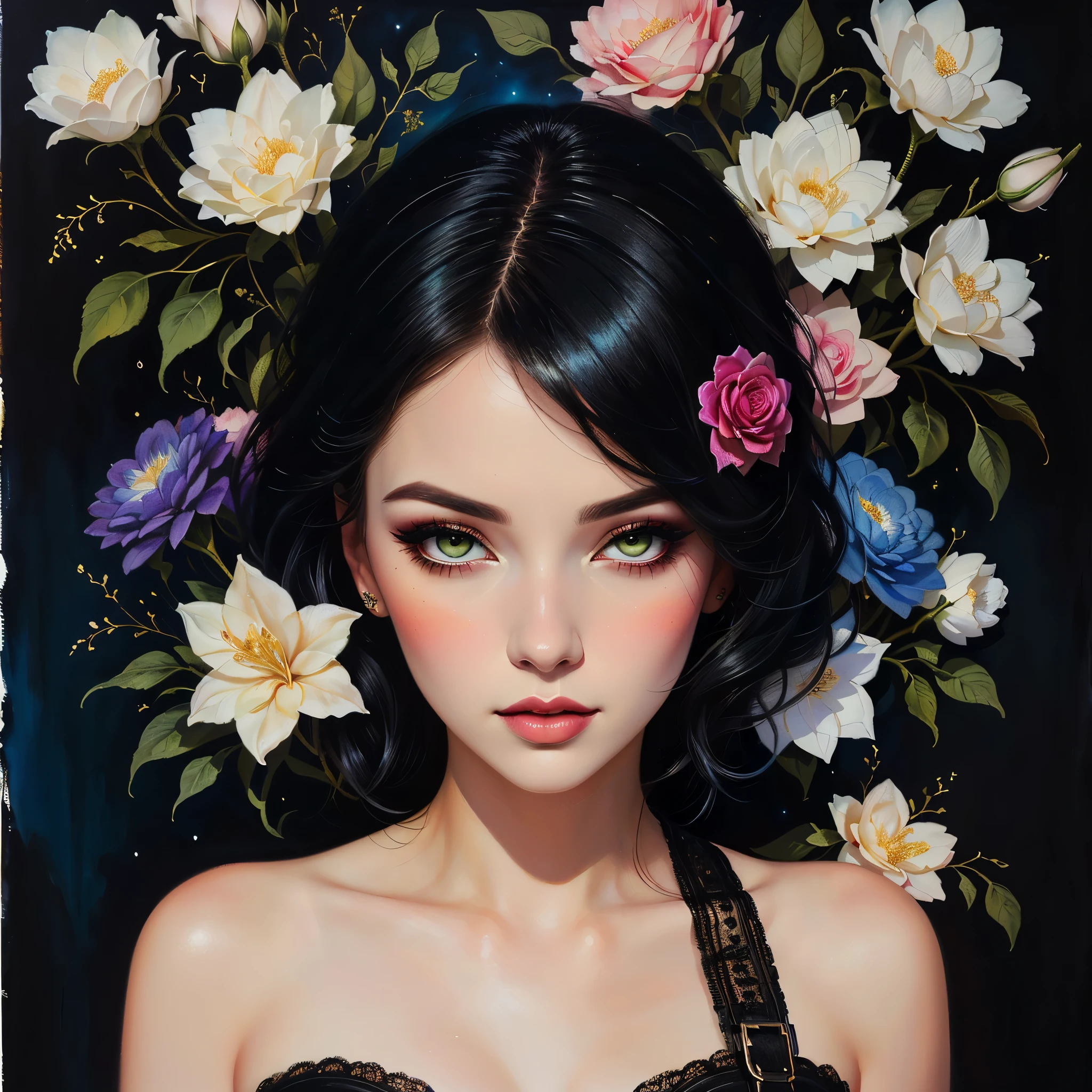 a painting of a woman with a black dress and flowers, inspired by Kelly McKernan, inspired by Harumi Hironaka, inspired by Sandra Chevrier, inspired by Nene Thomas, style of charlie bowater, tom bagshaw style, jana brike art, neoartcore and charlie bowater, in style of tom bagshaw, in style of charlie bowater