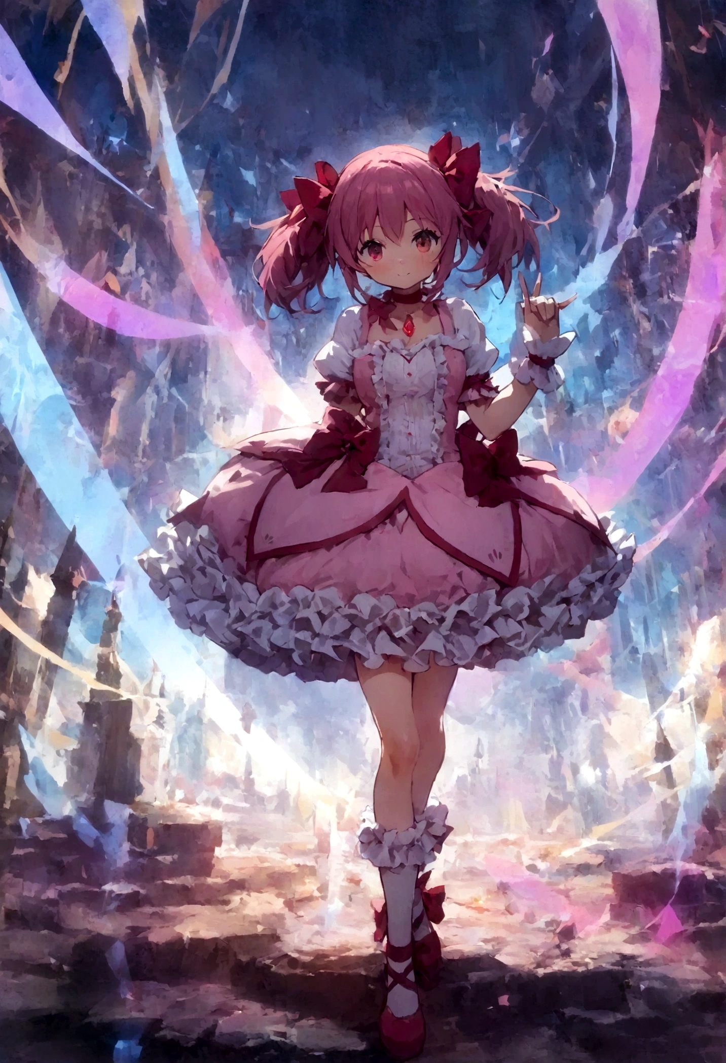 kaname_madoka\(Puella Magi Madoka Magica,magical girl style,pink twin tails hair,pink bows,open shoulder dress with frill,backward ribbon at neck,white grove,red juwel at middle of clavicle\) is standing with confused face in the center lost her way, showing full body to viewer, BREAK ,geometric and chaotic background with messy chaotic gothic shadow puppet castles,(in a very psychedelic nightmare), BREAK ,quality\(8k,wallpaper of extremely detailed CG unit, ​masterpiece,hight resolution,top-quality,top-quality real texture skin,hyper realisitic,increase the resolution,RAW photos,best qualtiy,highly detailed,the wallpaper,cinematic lighting,ray trace,golden ratio\),(long shot),wide shot,landscape,blured background,(art by Maurits Escher:1.3)