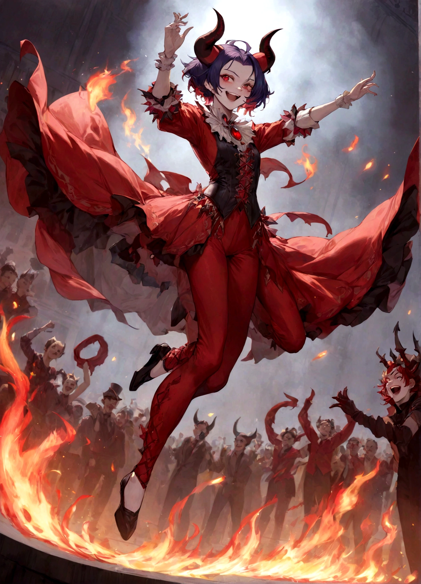 Jester, Red, Black, Rakdos, High Quality, Laughing, Female, Demon, Fire, Magic the Gathering, Androgynous, Adult, Psychopath, Circus, Dancing, Solo, Theatre, Horns, Performer, Look Away