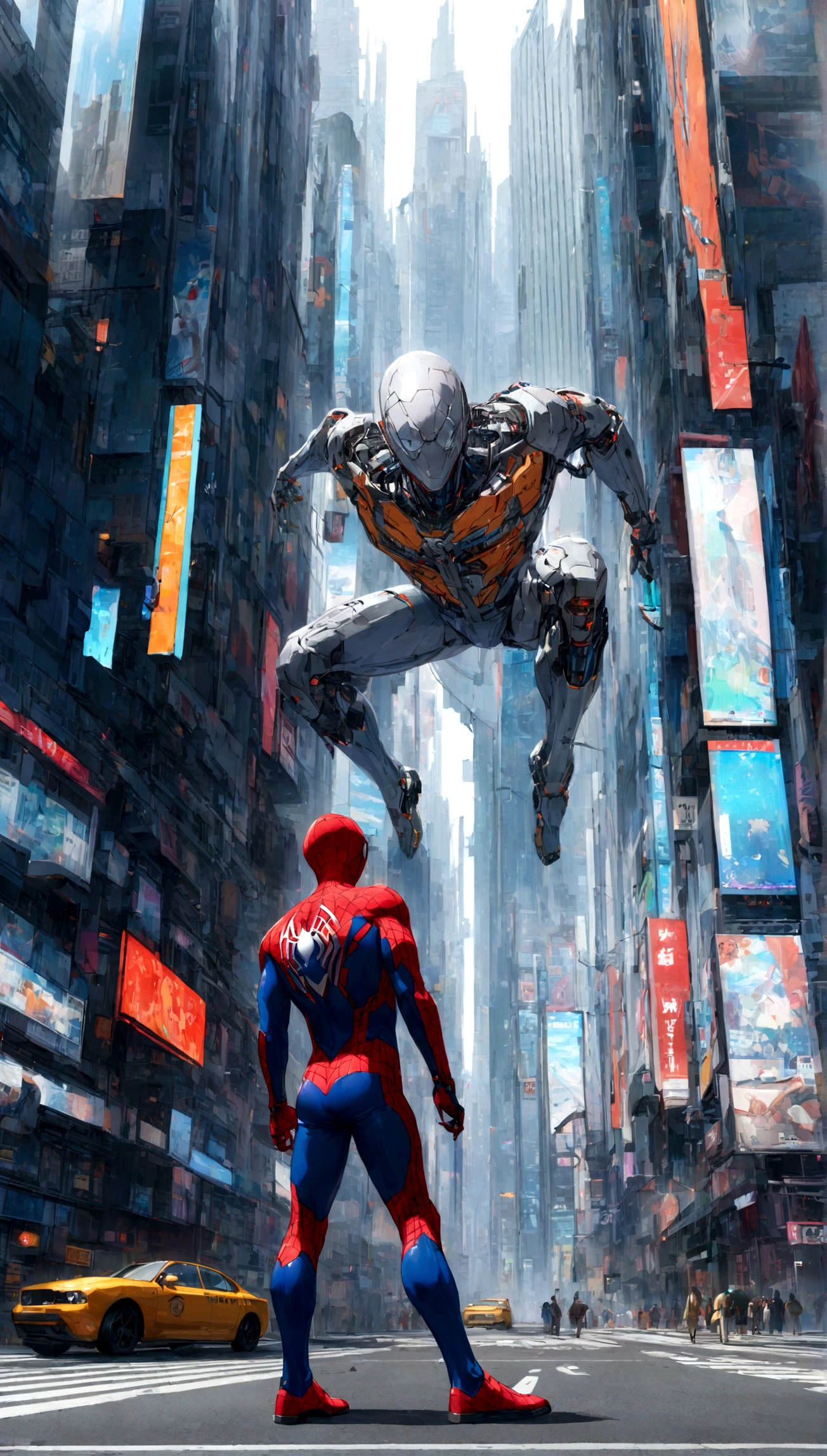 A Spider-Man in Cybernetic City, ultra detail, high resolution, anime, companies
