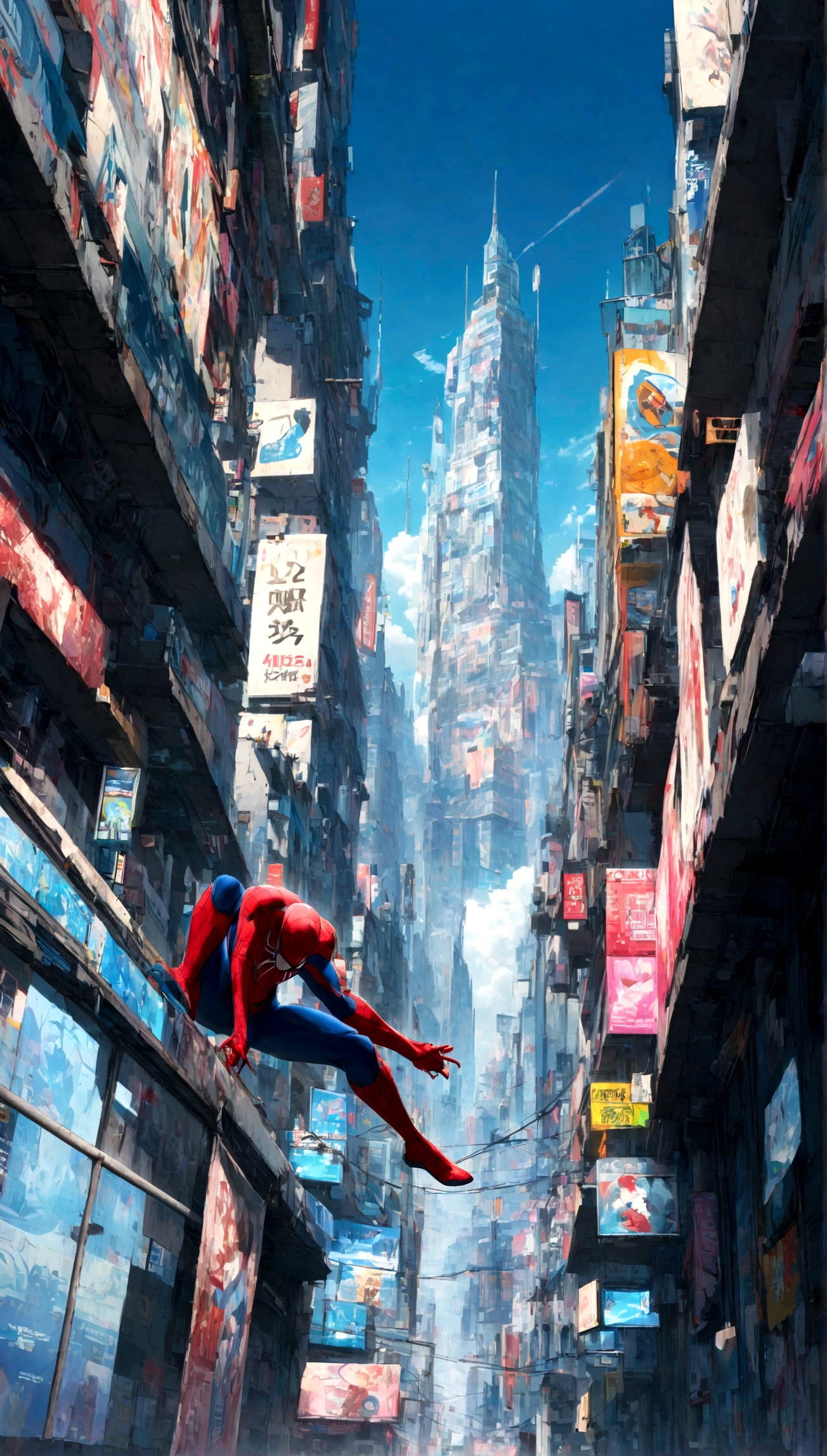 A Spider-Man in Cybernetic City, ultra detail, high resolution, anime, companies