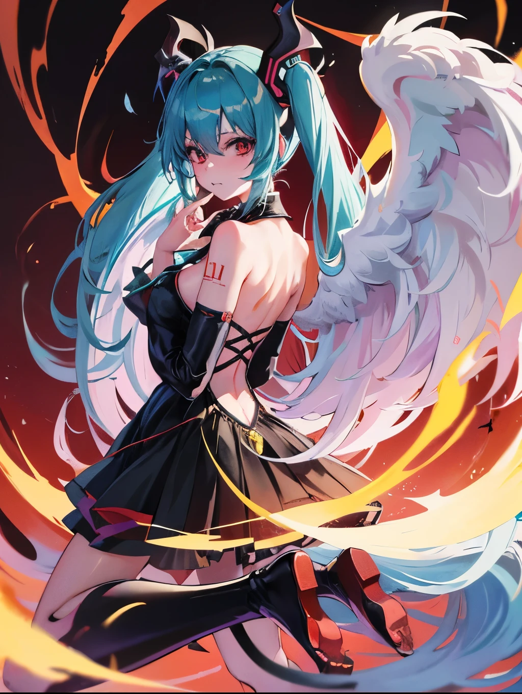 Miku Hatsune, alta definicion, orejas de kitsune, alta definicion, fullbody picture alta definicion, flaming eyes, evil eyes, devil girl, risa demoniaca, ojos de maldad, dragon wings, sucubo, shes atack de camera, sensual back pose, 