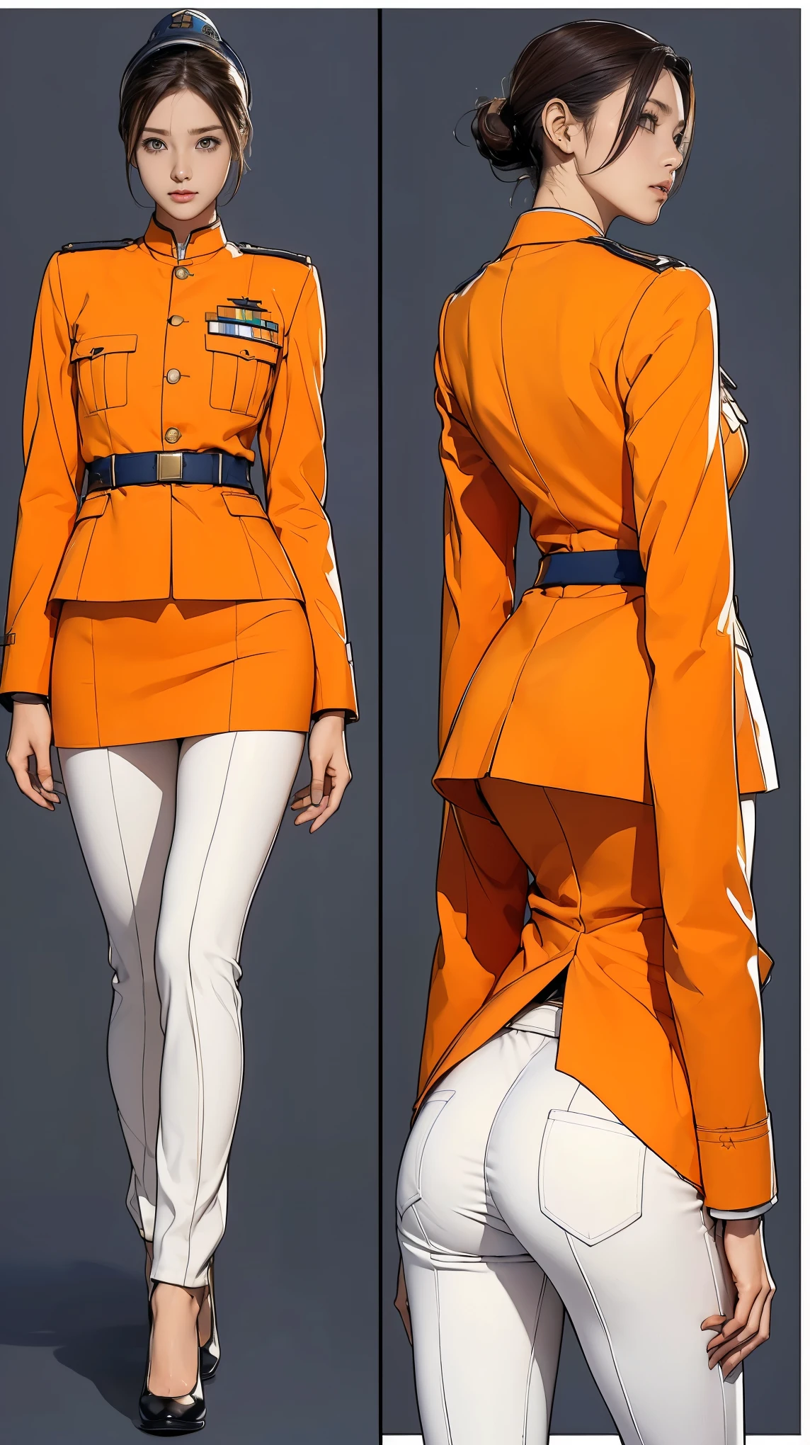 ((masterpiece)),(((highest quality))),((Reference Sheet, Character Design, front, return, ~ ~ side, Mr..々Hairstyle, Mr..々Performance, Facial Expressions)), 14-year-old girl, Cute type, (Very slim:1.4), (Very small ass:1.4), Realistic buttocks, Big Breasts, Short Bob, Thin thighs, Long legs, It's not a big deal,(A female Earth Federation officer is walking), (Wearing Earth Federation military uniform, White and orange uniform),(Worn by federal government employees'White Hat:1.5)