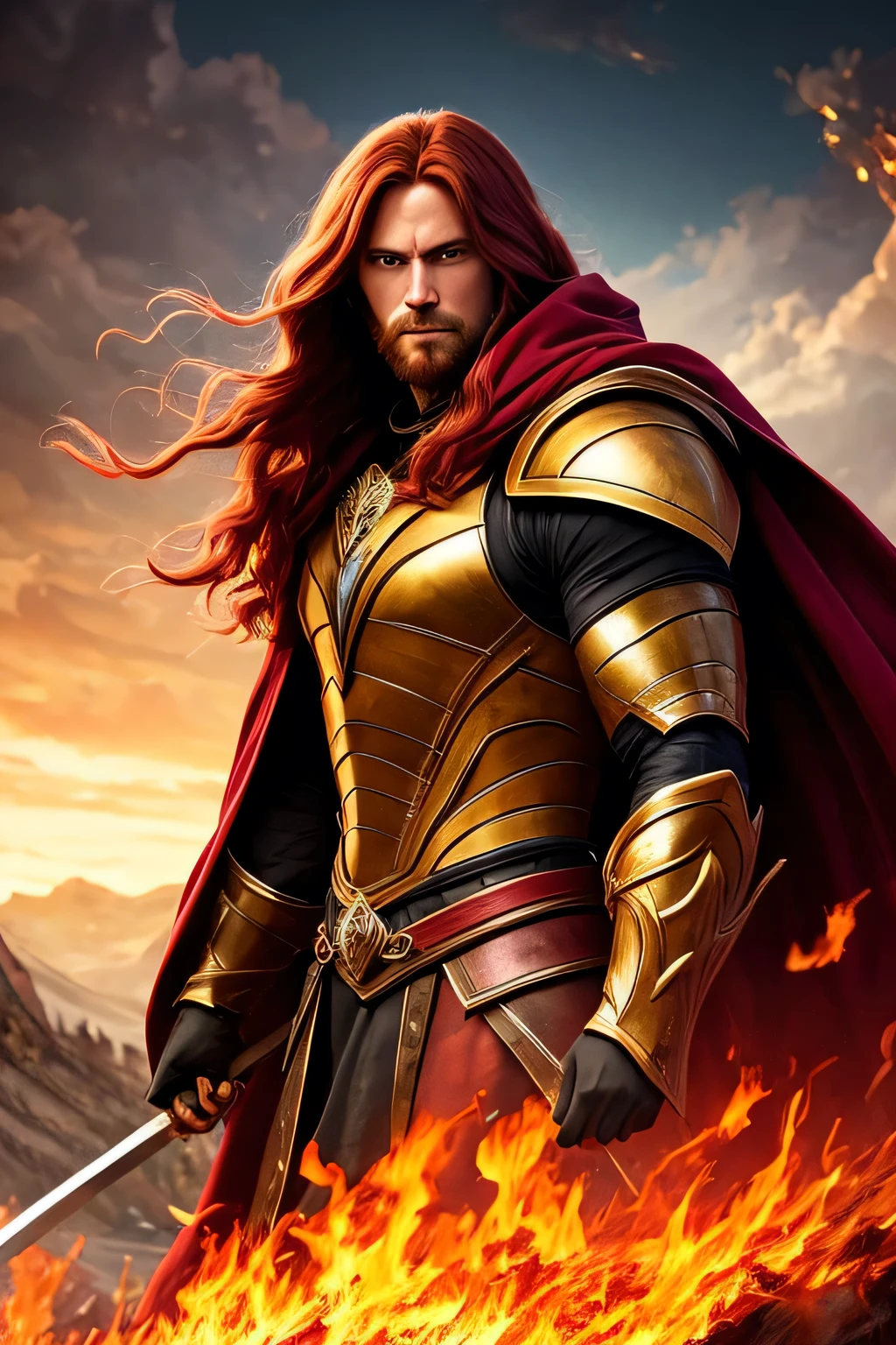 ((best quality),(masterpiece),(detailed),perfect face,a adult man with long (red hair),(redeyes),wearing a golden armor with a cloak and hood,mountain behind,beautiful,muscular,(cinematic),(dramatic lighting),(digital painting),(highly detailed),(sharp focus),(photorealistic),(ultra-realistic),(hyper detailed),(epic),(fantasy),(cinematic composition),(heroic pose),(chiaroscuro),(dramatic)