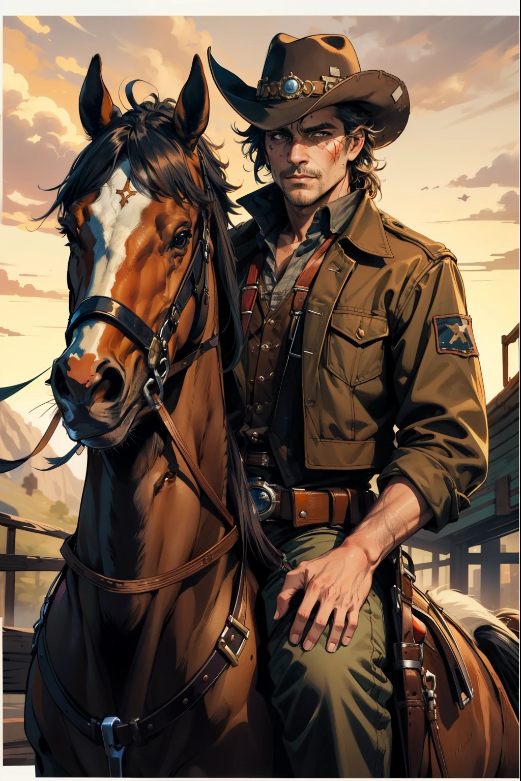 (masterpiece, best quality:1.2, Detailed Face), solo, 1girl, Texas man, Texas, Wild west, Cowboy, Middle aged, Riding a horse, Horse, neutral expression, Scar on face, Rugged, 