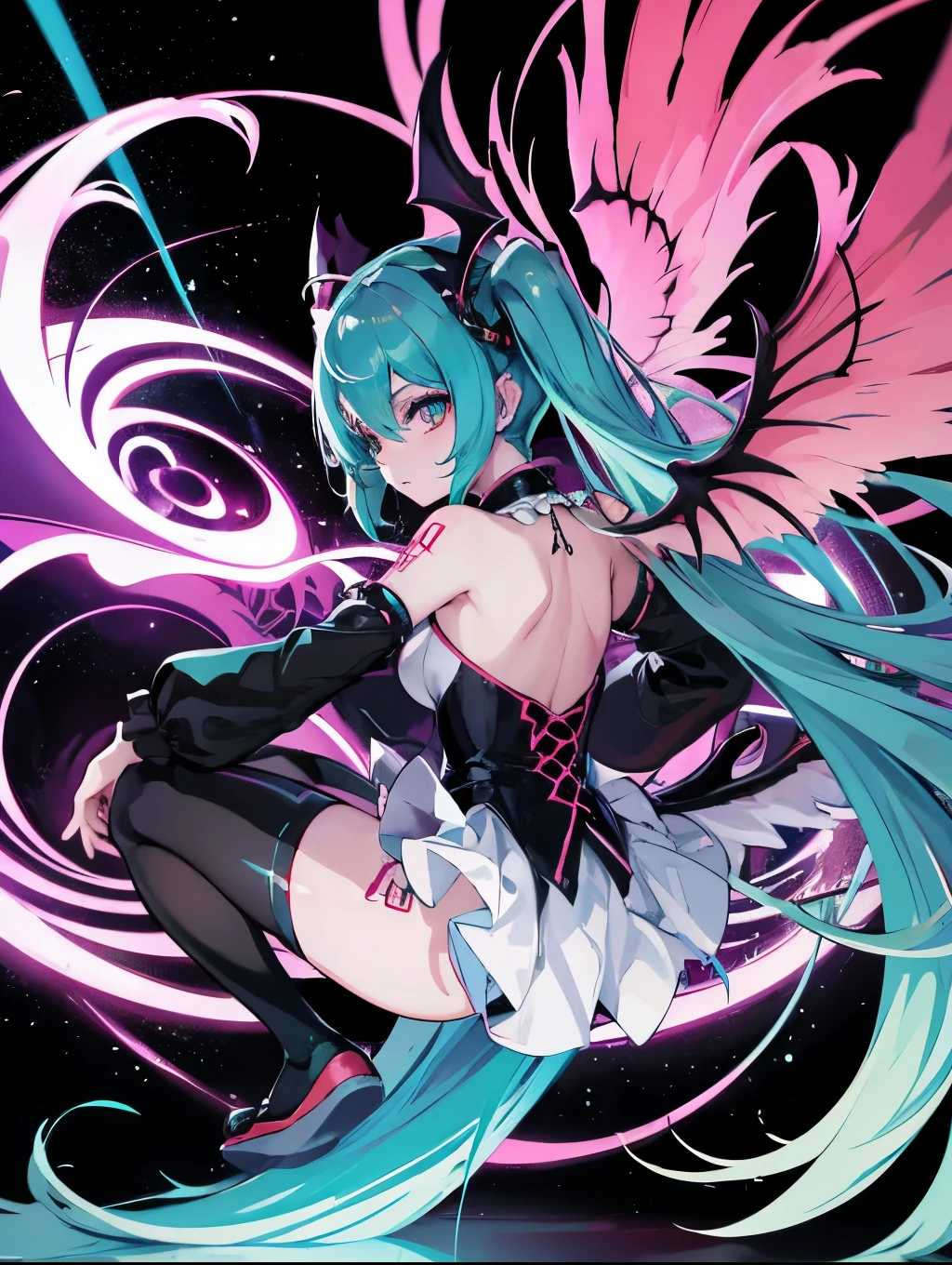 Miku Hatsune, alta definicion,, alta definicion,alta definicion, flaming eyes, evil eyes, devil girl, risa demoniaca, ojos de maldad, dragon wings, sucubo, shes atack de camera, sensual back pose, 