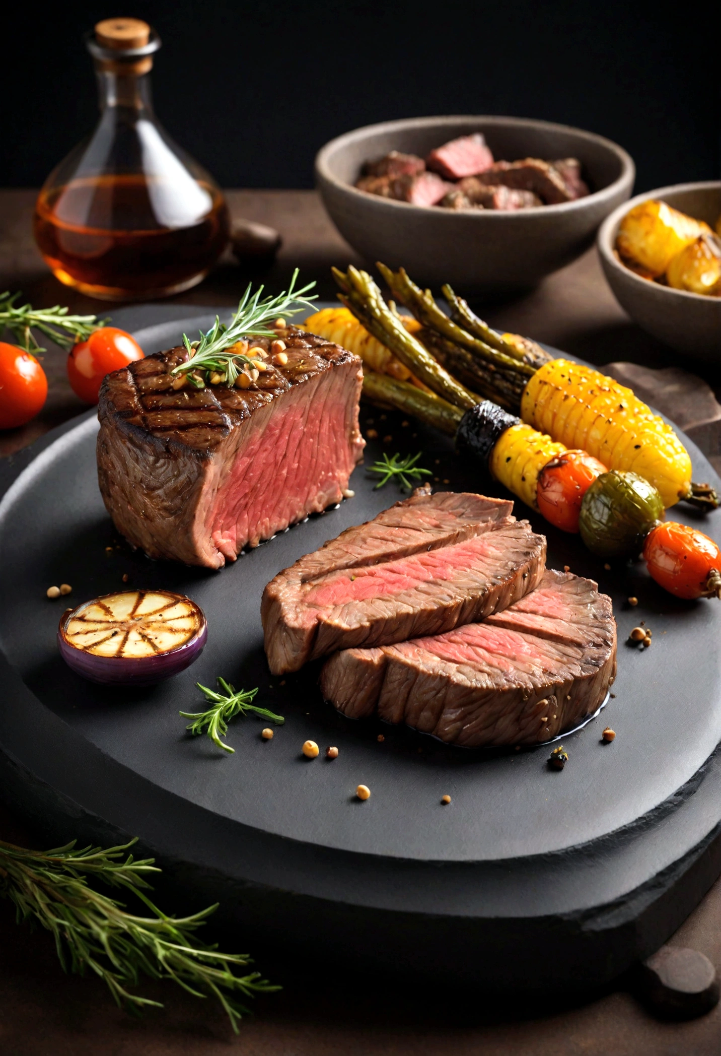 Food photography, grilled beef,grilled vegetables,in a luxurious Michelin kitchen style, studio lighting, depth of field, ultra detailed