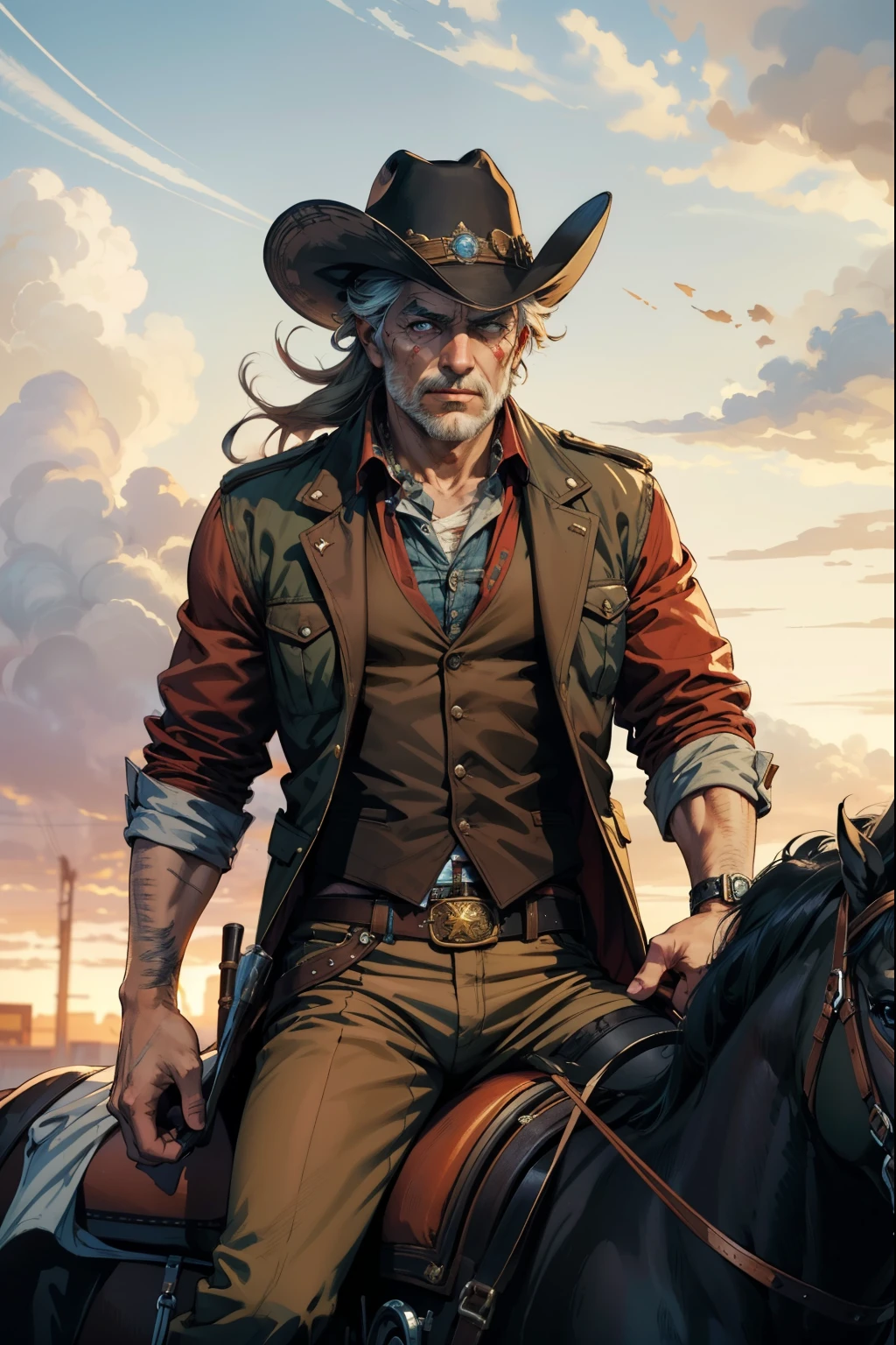 (masterpiece, best quality:1.2, Detailed Face), solo, 1girl, Texas man, Texas, Wild west, Cowboy, old man, Riding a horse, Horse, neutral expression, Scar on face, Rugged, 