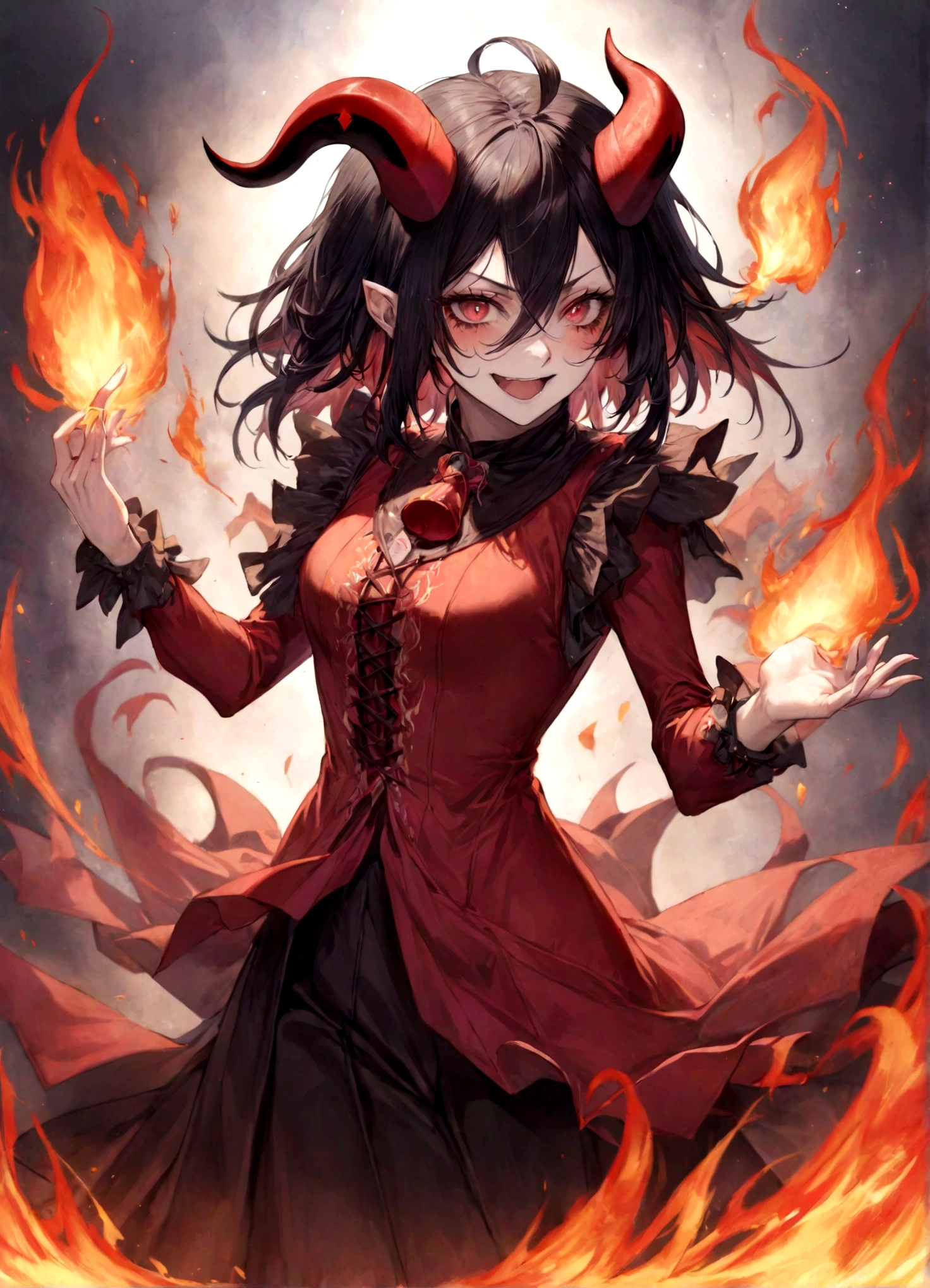 Jester, Red, Black, Rakdos, High Quality, Laughing, Female, Demon, Fire, Magic the Gathering, Androgynous, Adult, Psychopath, Circus, Dancing, Solo, Theatre, Horns, Performer, Look Away, Black long Hair, Hair Falling over Face, 30 years old
