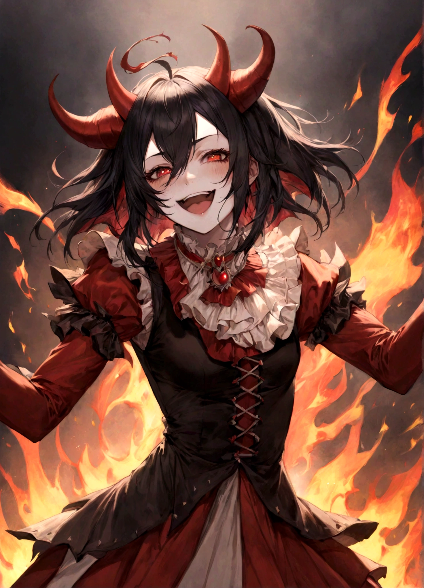 Jester, Red, Black, Rakdos, High Quality, Laughing, Female, Demon, Fire, Magic the Gathering, Androgynous, Adult, Psychopath, Circus, Dancing, Solo, Theatre, Horns, Performer, Look Away, Black long Hair, Hair Falling over Face, 30 years old