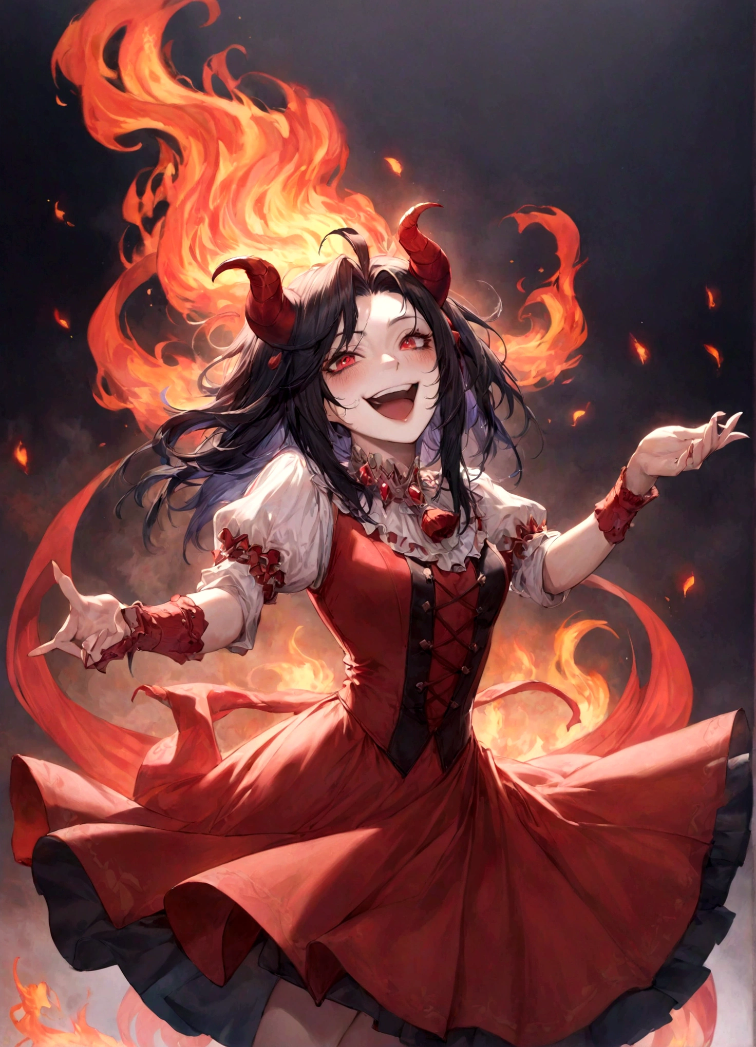 Jester, Red, Black, Rakdos, High Quality, Laughing, Female, Demon, Fire, Magic the Gathering, Androgynous, Adult, Psychopath, Circus, Dancing, Solo, Theatre, Horns, Performer, Look Away, Black long Hair, Hair Falling over Face, 30 years old