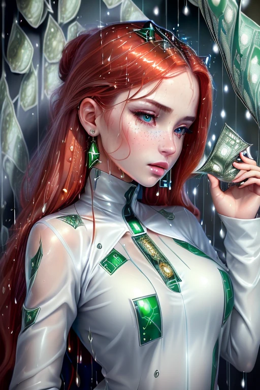 (((medium full shot))), (photorealistic, photorealism, best quality, ultra-detailed:1.3), (nice hands, perfect hands), official art, cinematic light, (1girl:1.3), adult, solo, ((cute)), red hair, long hair, green eyes, glossy lipstick, gorgeous makeup, blush, earrings, sexy 24 year old, white skin, long wet hair, ginger hair, freckles, female focus, lustrous skin, parted lips, slender, (gorgeous face), futuristic, (money raining:1.6), dim background, red and blue lighting, contrast mixed lighting