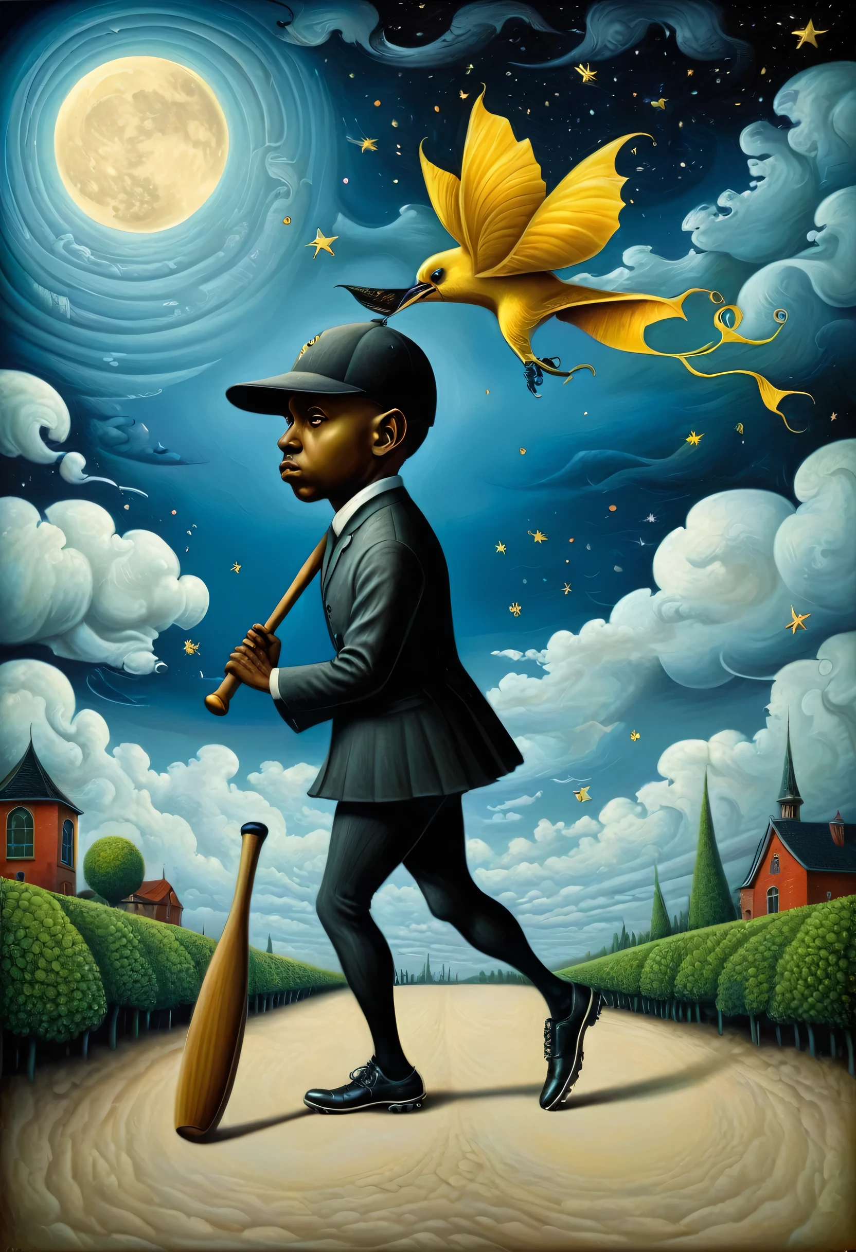 Barry Bonds、Best Baseball Player、Carrying a bat、、benjamin lacombe, magical surrealism, Unrealistic picture, Whimsical Surrealism, Jacek Jelka、Vladimir Kush, Surreal oil painting, Surrealist artwork, Surreal Art, magical realism、Strange art, Surreal oil painting,  Brian DeSpain, Surrealist illustration, (surrealism dark art:1.2), surrealismo pop lowbrow art style, Arte Lowbrow, Masterpiece、Starry Night、