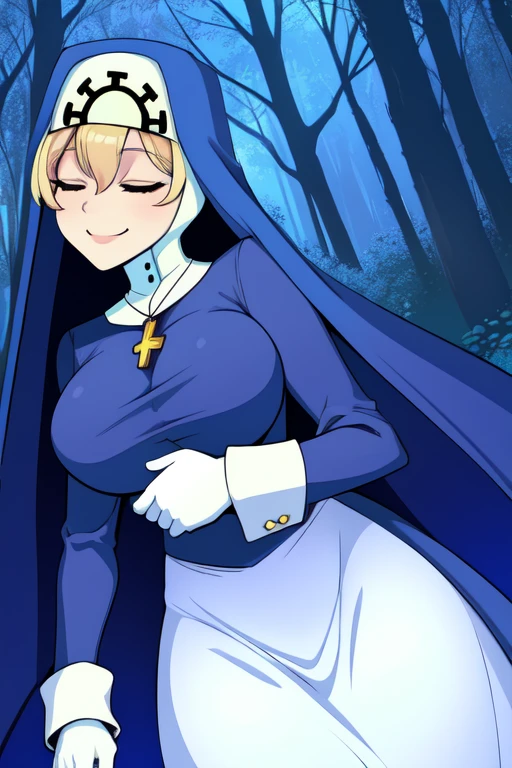 Double, short blonde hair, medium breasts, solo, smiling, cowboy shot, closed eyes, 
 blue habit, cross necklace ,white gloves, long sleeves, nun, long skirts, cloak
(insanely detailed, beautiful detailed face,beautiful detailed eyes, masterpiece, best quality) forest 
   