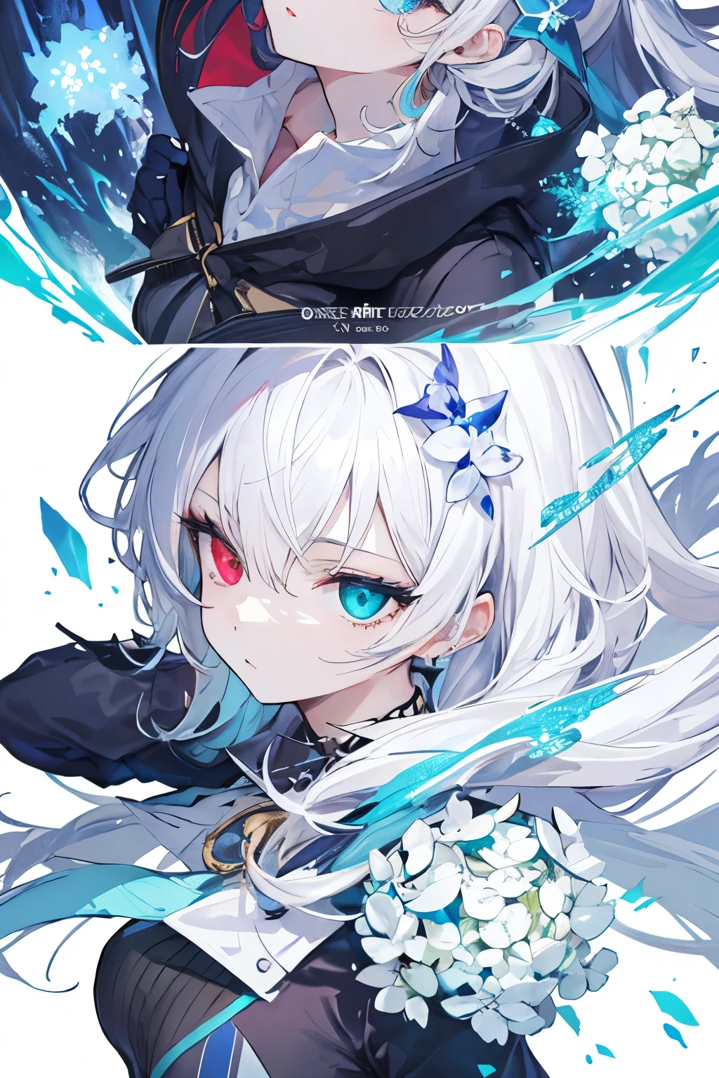 ((mejor calidad)), ((obra maestra)), (detallado), 1 chica, mejor calidad、Fotorrealista、Super detail、Delicado、ordenado、alto detalle、cola de caballo plateada azulada、(drooping iris from heterochromia,ojos brillantes, ojo rojo, ojo azul)、esbelto、(1 chica:1.2)、(hortensia azul、Film concept art、Fondo blanco、dynamic angle:1.3). Mirada seria. Ropa abrigadora. Ropa invierno. Cabello corto. Ice Katana. Cold. Busto medio.