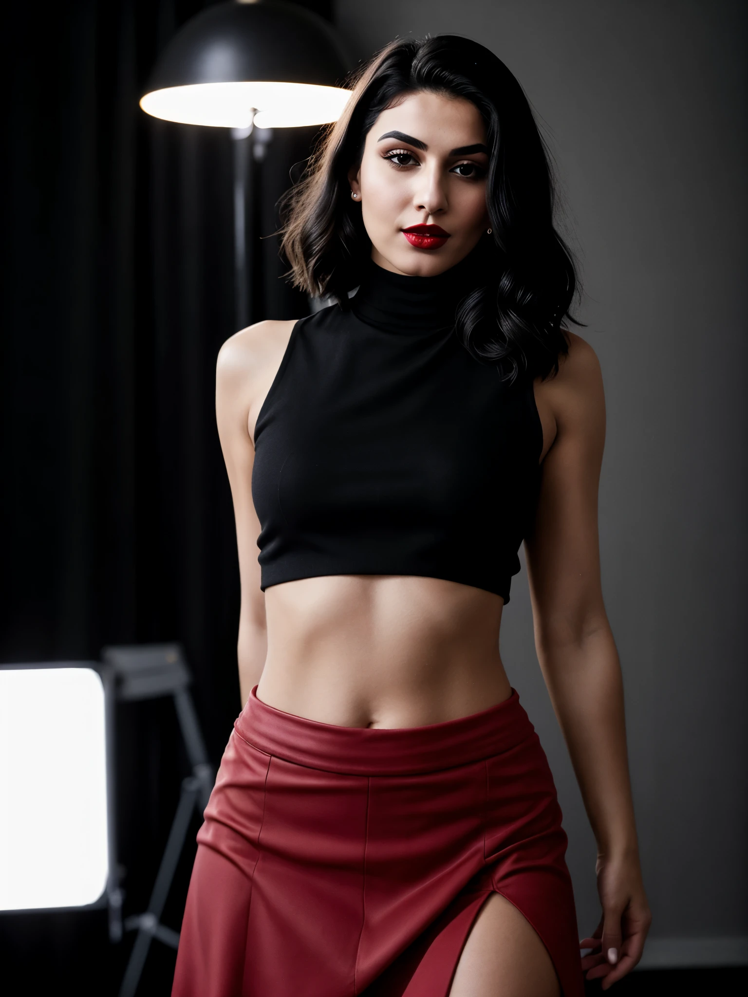 analog raw candid photo of a beautiful young Iraqi woman, realistic skin texture, black bob messy hair, slim, (red lipstick:1.1), black sleeveless cropped turtleneck with skirt, studio lighting, studio portrait, 35mm, perfect proportion, three-quarter body portrait, model pose, dynamic pose